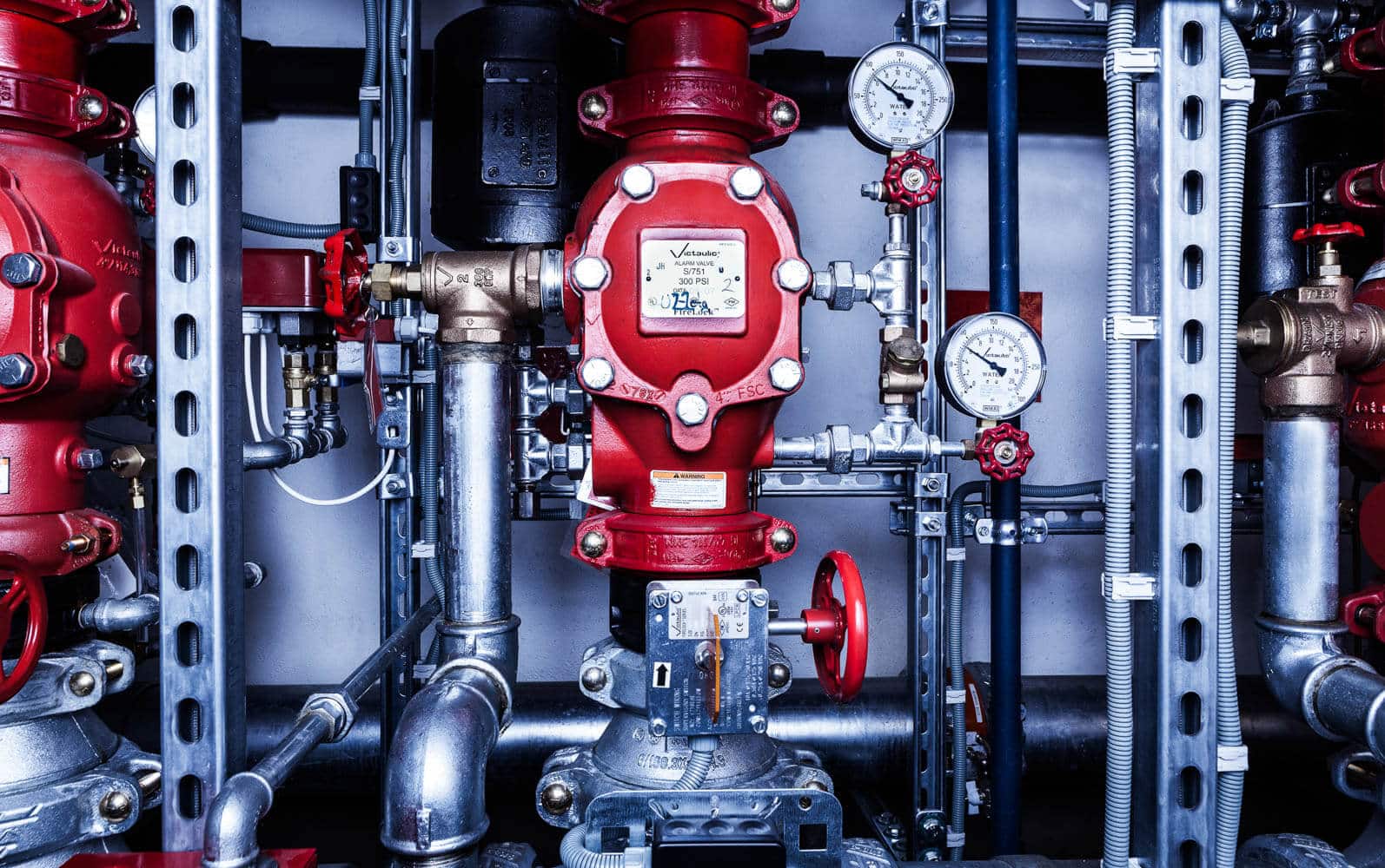 Industrielt rødt sprinkleranlegg med trykkmålere, ventiler og rørledninger montert på vegg.