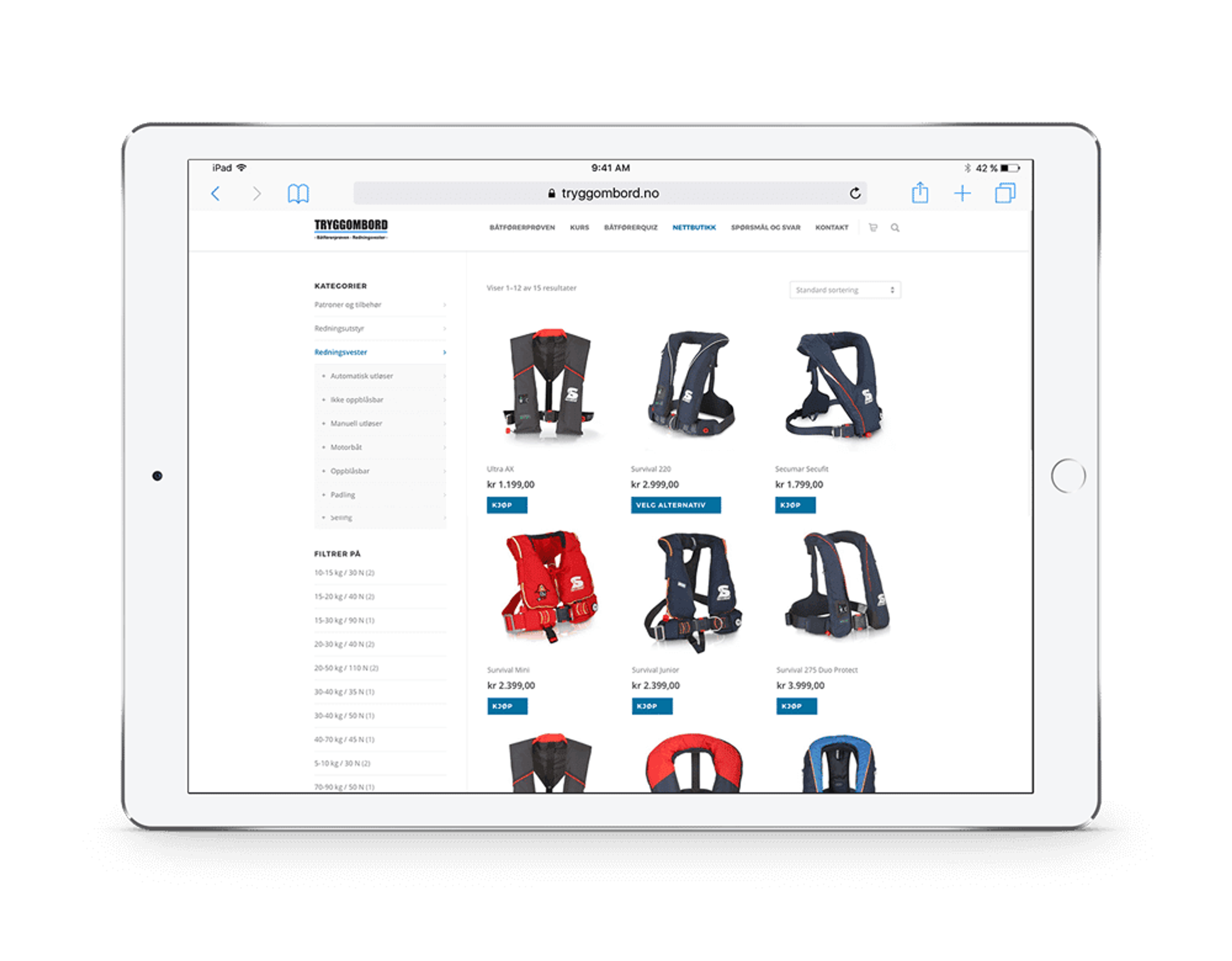 WooCommerce-nettbutikk for Trygg Ombord med sikkerhetsutstyr