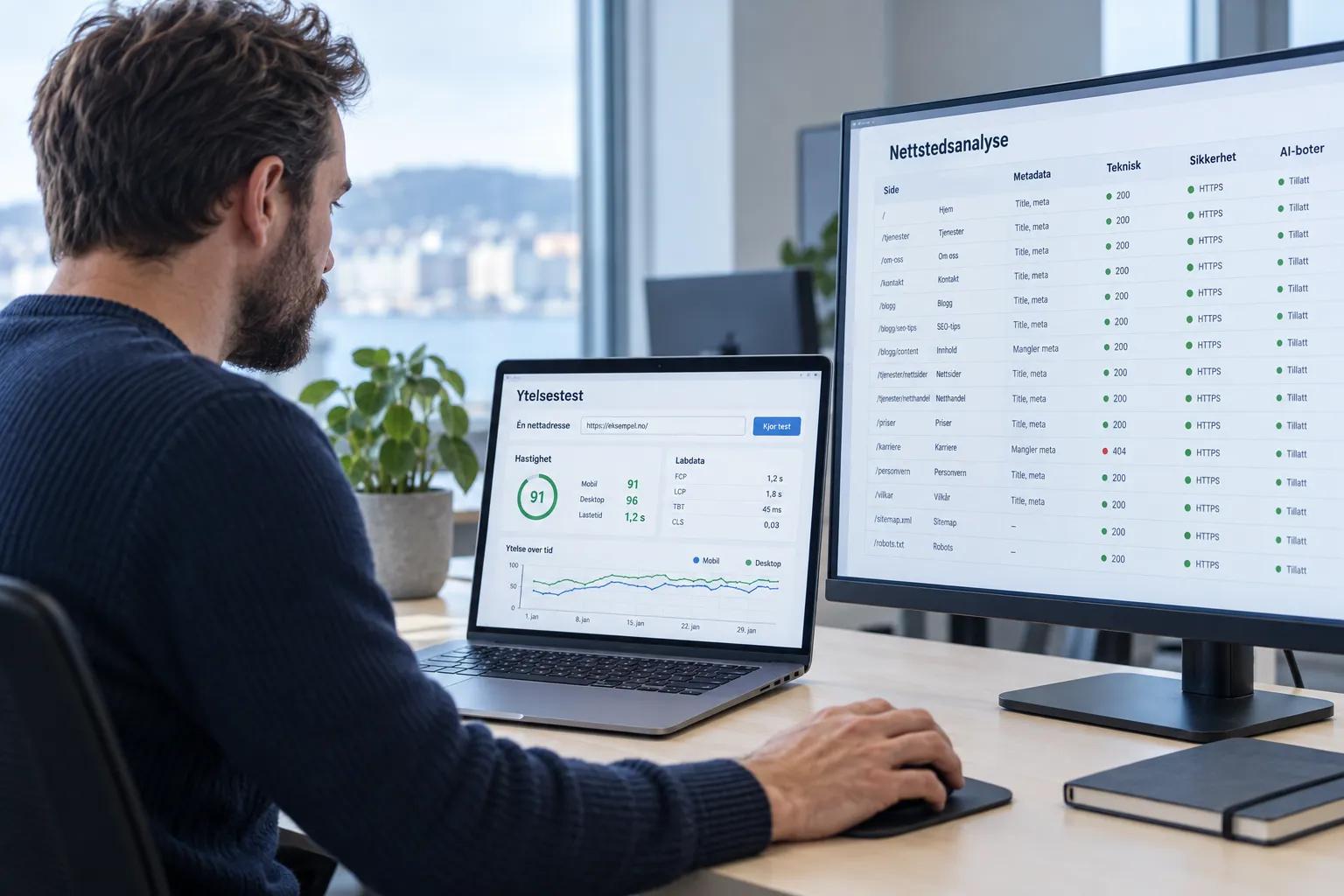 Sammenligning av PageSpeed og en bred SEO-rapport for hele nettstedet.