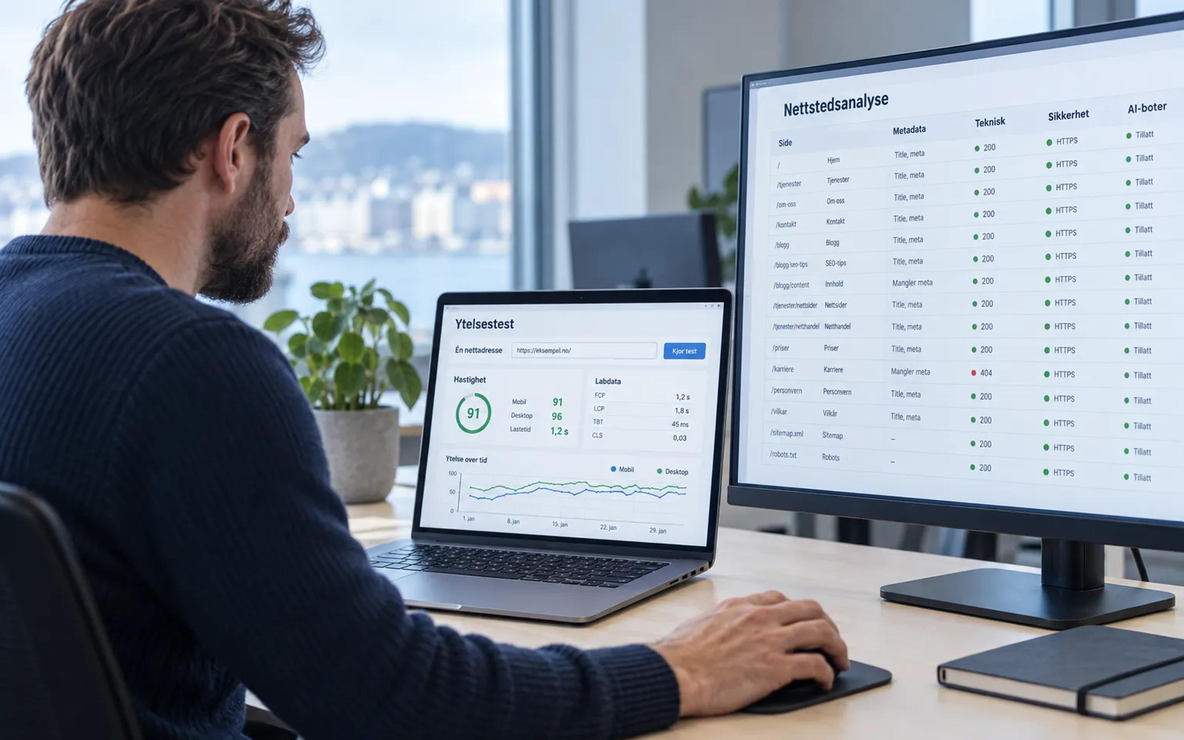 Sammenligning av PageSpeed og en bred SEO-rapport for hele nettstedet.