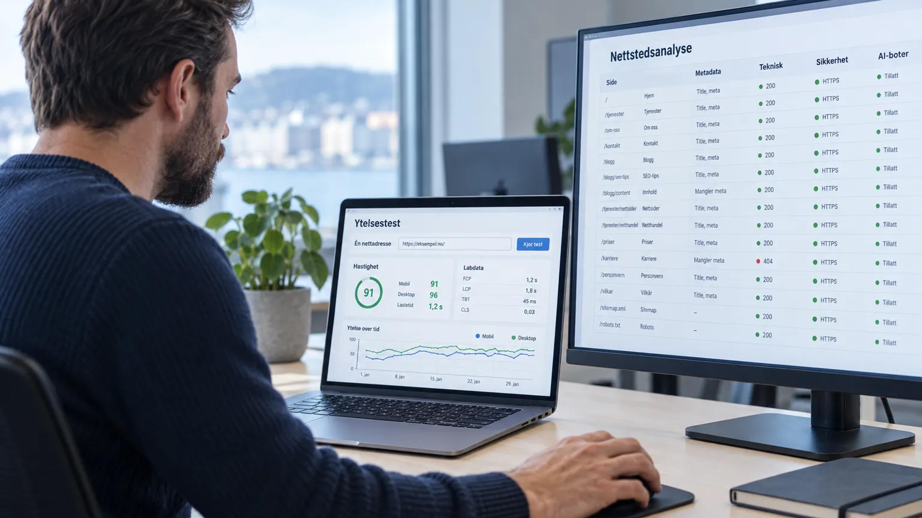 Sammenligning av PageSpeed og en bred SEO-rapport for hele nettstedet.