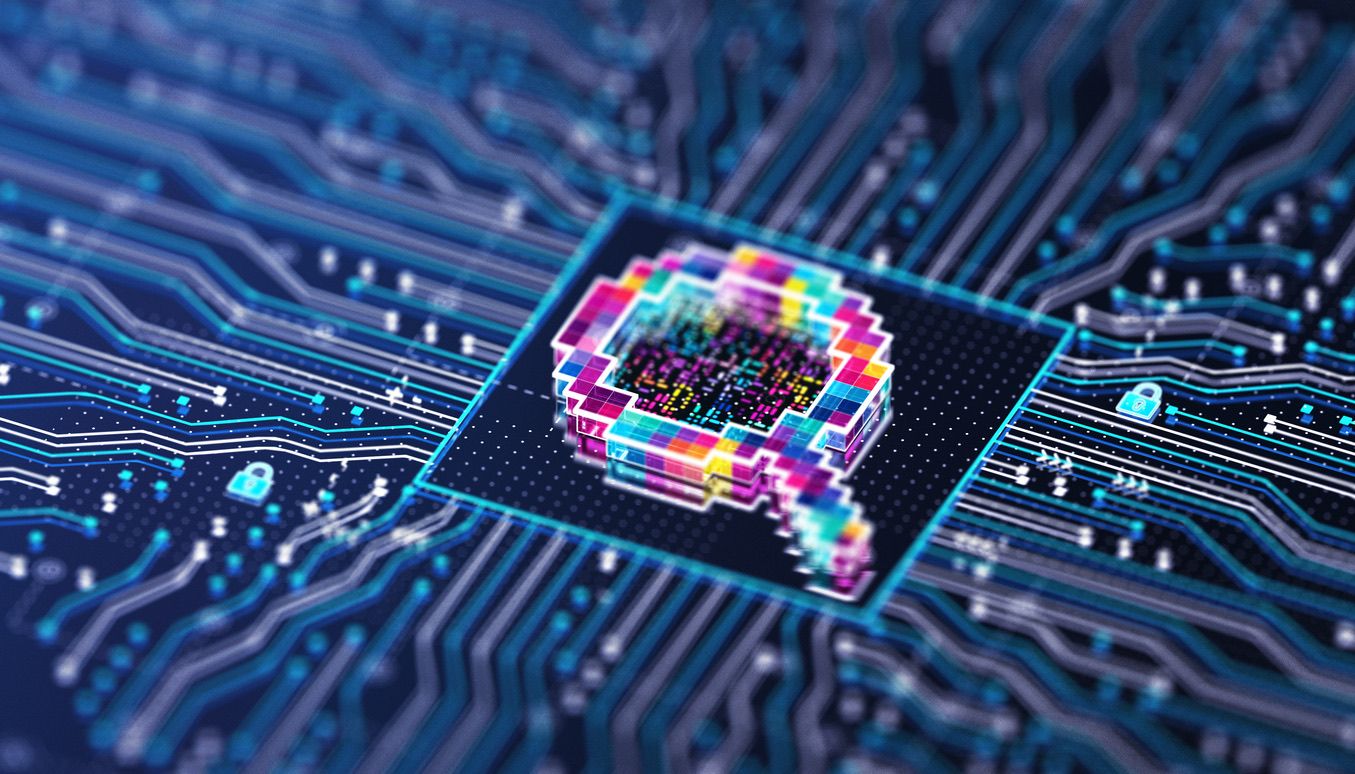Illustrasjon av prosessor på blått kretskort som symboliserer teknisk infrastruktur og digital ytelse for SEO-optimalisering