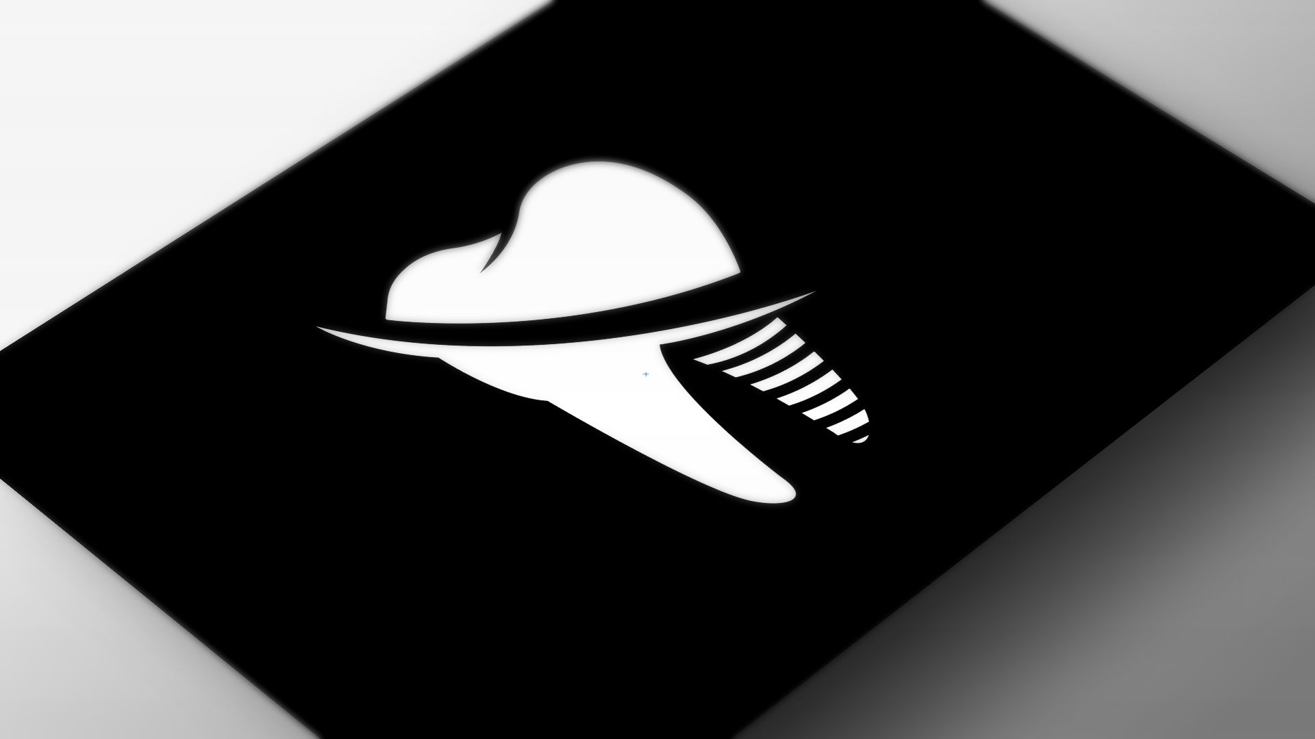 Abstrakt logo med stilisert tåte og hatt på svart bakgrunn, moderne design med hvite linjer