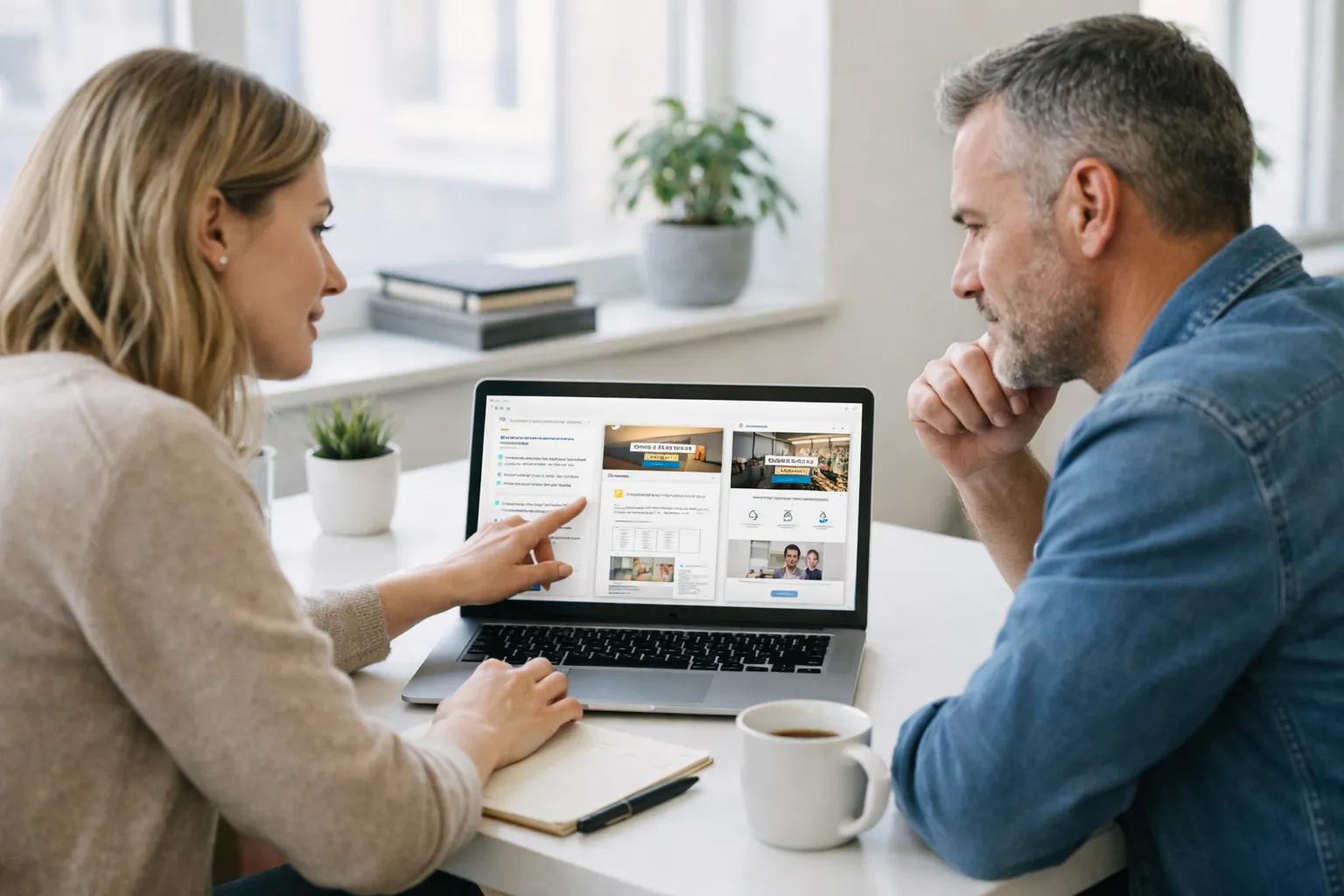 Rådgiver og bedriftskunde ser på sammenhengen mellom annonse og landingsside på en laptop