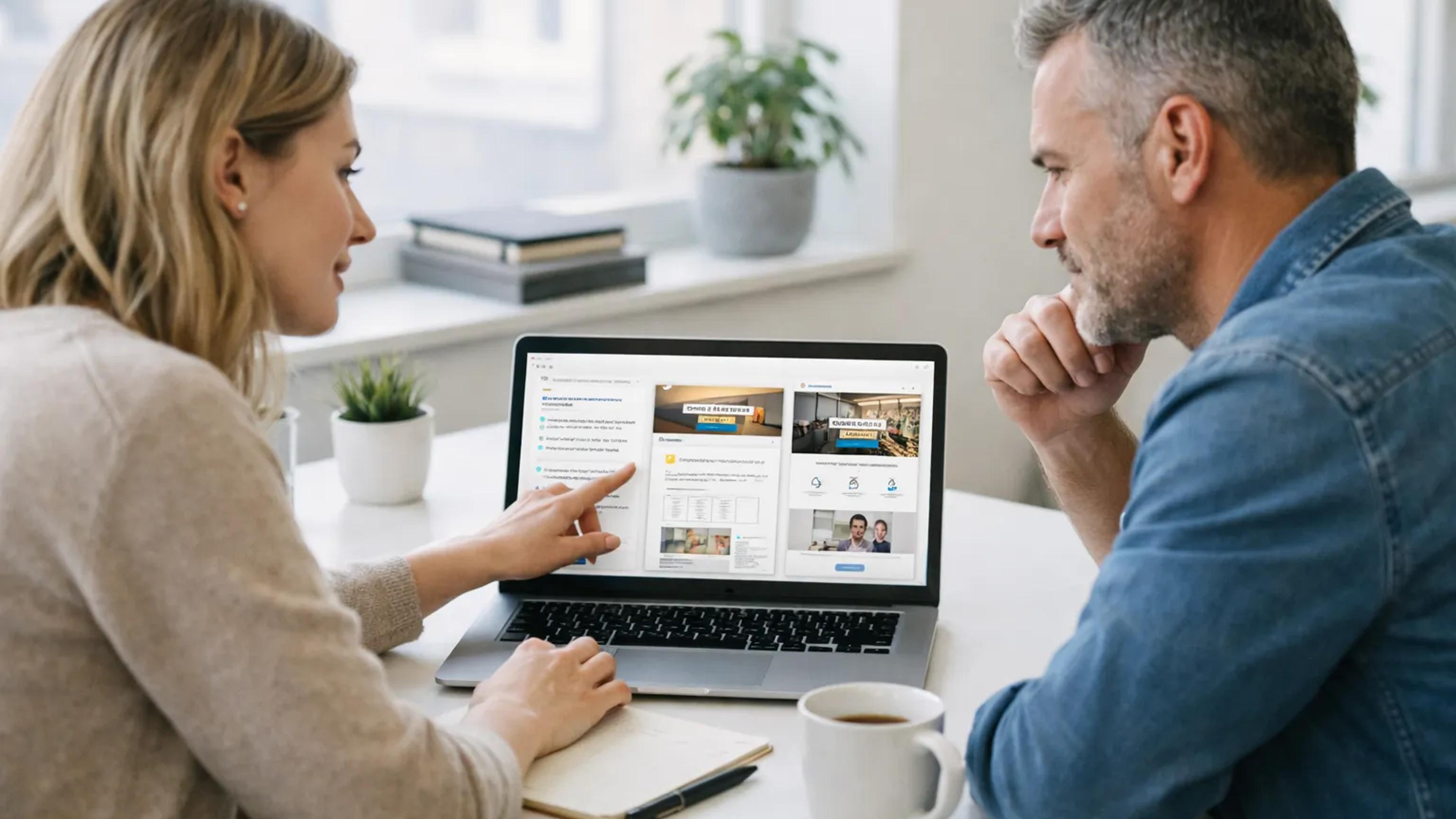 Rådgiver og bedriftskunde ser på sammenhengen mellom annonse og landingsside på en laptop