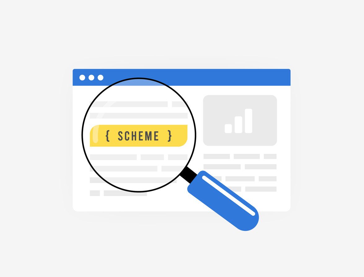 Illustrasjon av nettleservindu med lupe som zoomer inn på gul boks med teksten "{ SCHEME }" for å vise schema markup-koding.