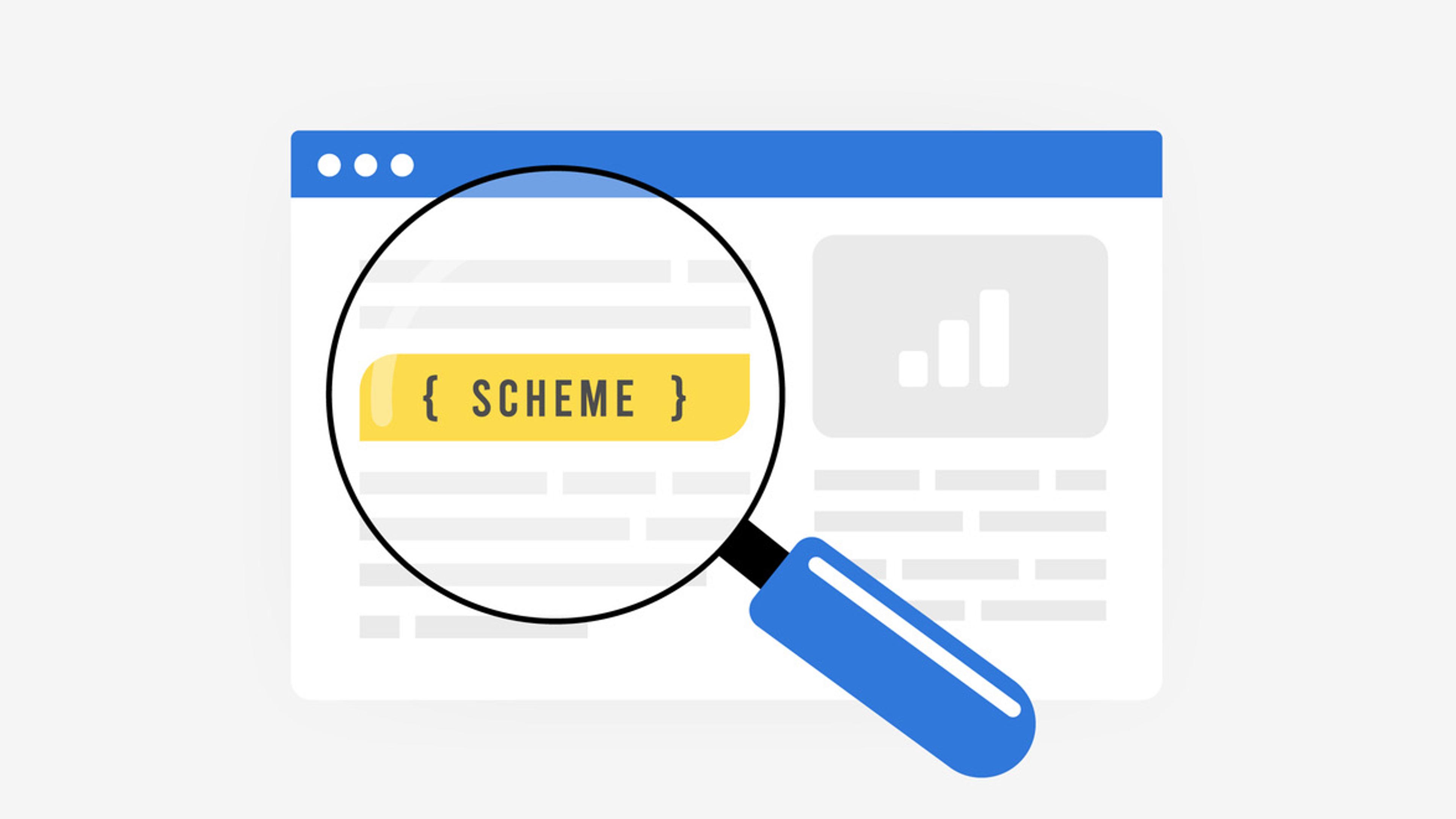Illustrasjon av nettleservindu med lupe som zoomer inn på gul boks med teksten "{ SCHEME }" for å vise schema markup-koding.