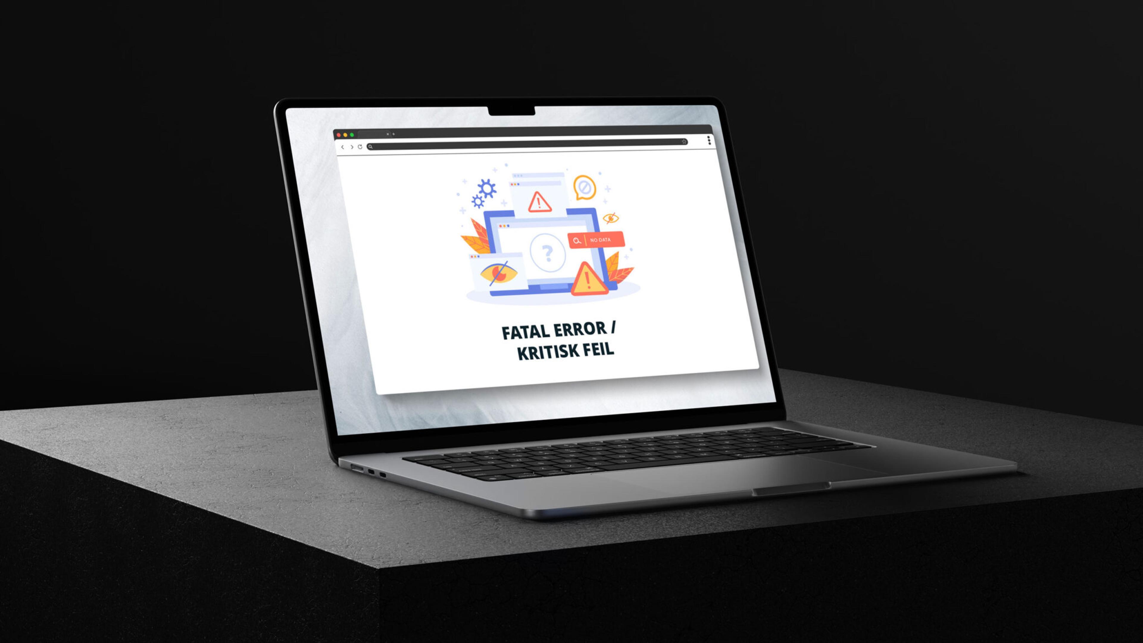 Laptop viser feilmelding "Fatal Error / Kritisk feil" med illustrasjon av sikkerhet og advarsler