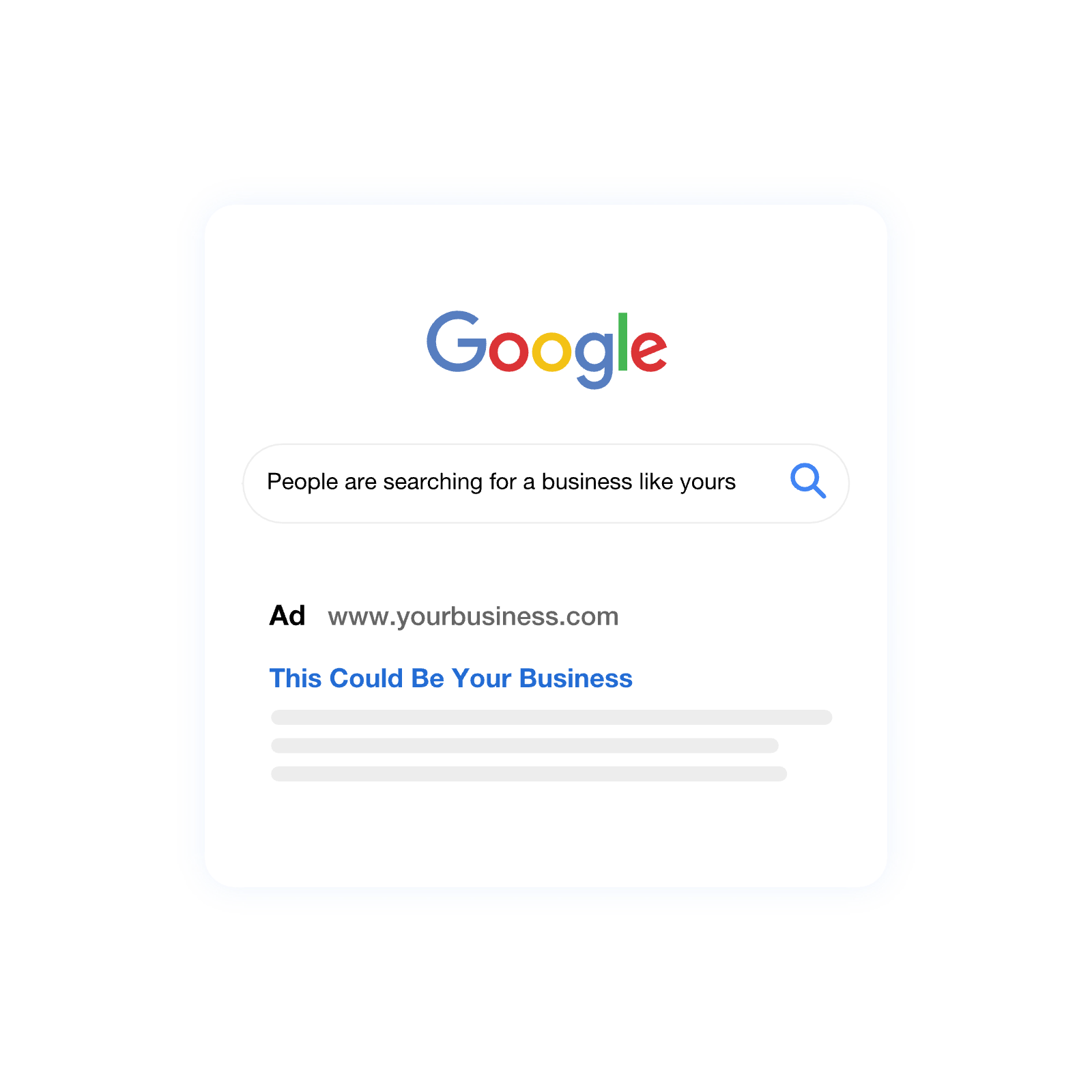Illustrasjon av et Google-søkeresultat med en annonse øverst der det står «This Could Be Your Business»