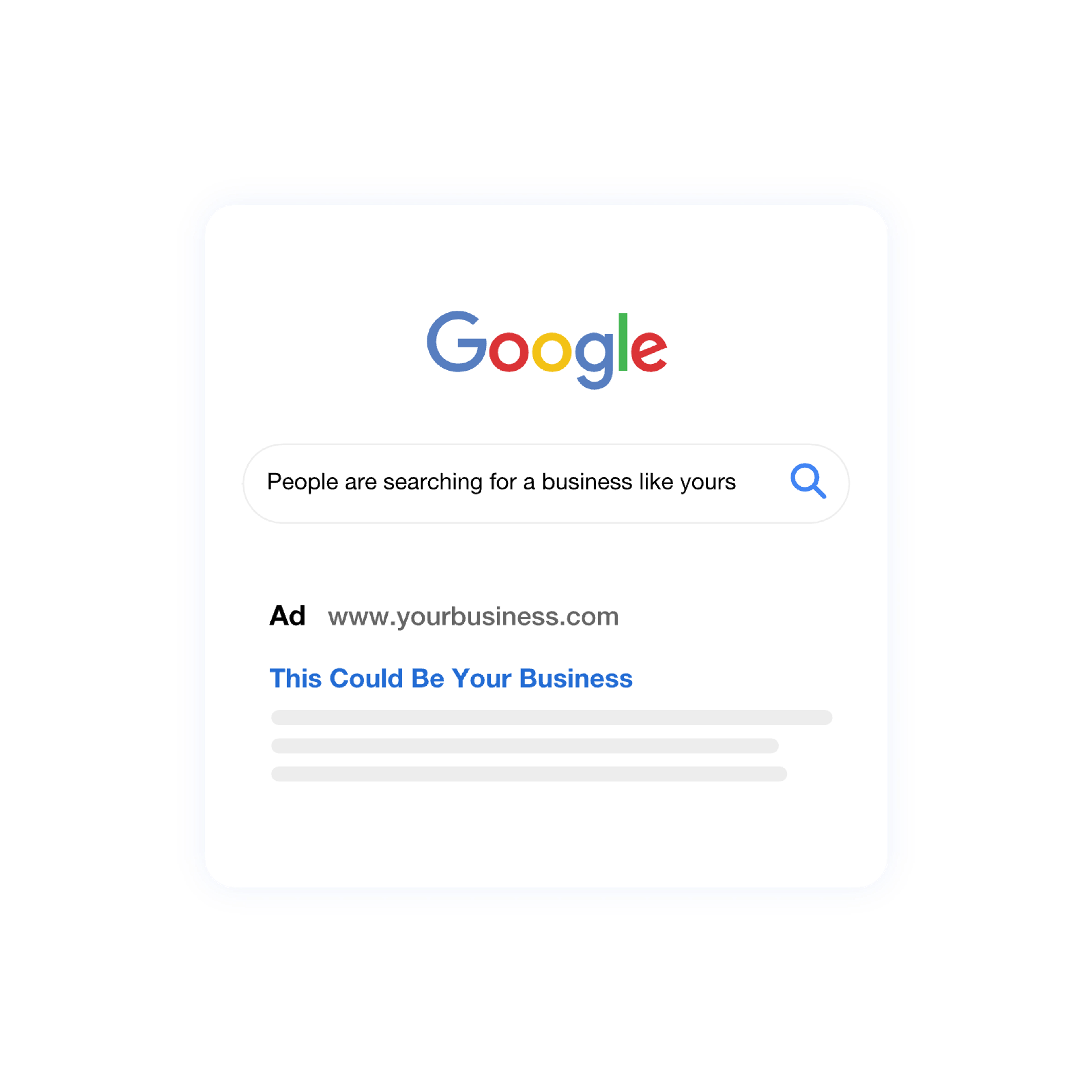 Illustrasjon av et Google-søkeresultat med en annonse øverst der det står «This Could Be Your Business»