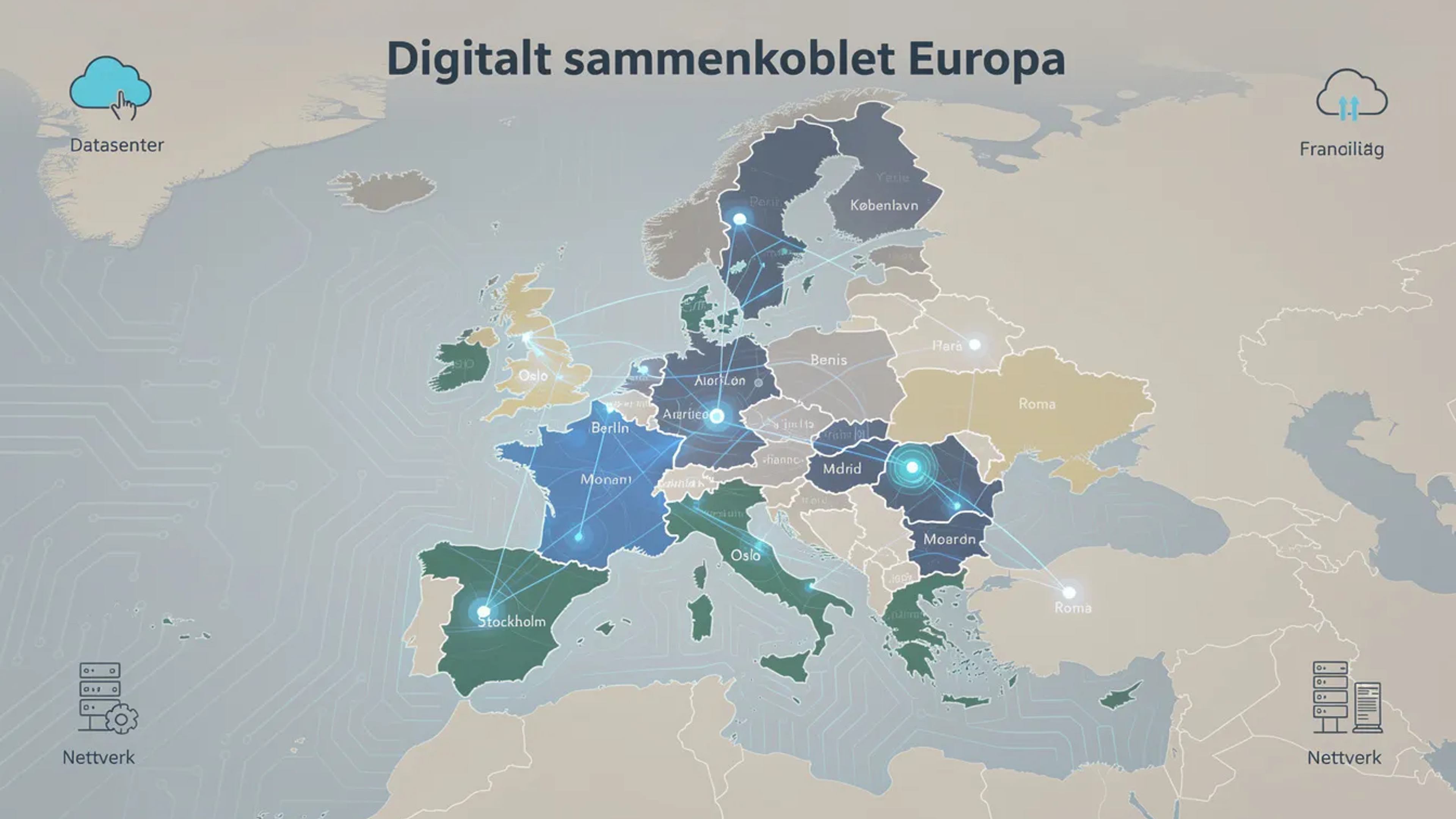 Illustrasjonen viser et detaljert kart over Europa med digitale forbindelser mellom landene, som symboliserer samarbeid og kommunikasjon i digitale markeder. Kartet fremhever viktigheten av brukerens samtykke i datainnsamling og administrasjon, noe som er sentralt i moderne teknologi og markedsføring.