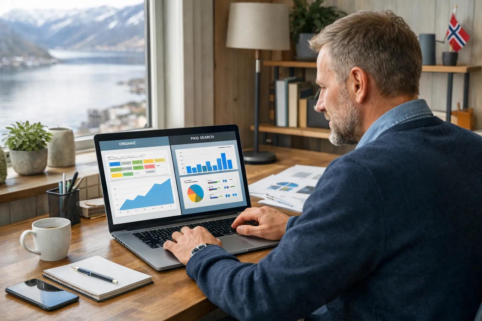 Bedriftseier vurderer SEO opp mot Google Ads ved et skrivebord.
