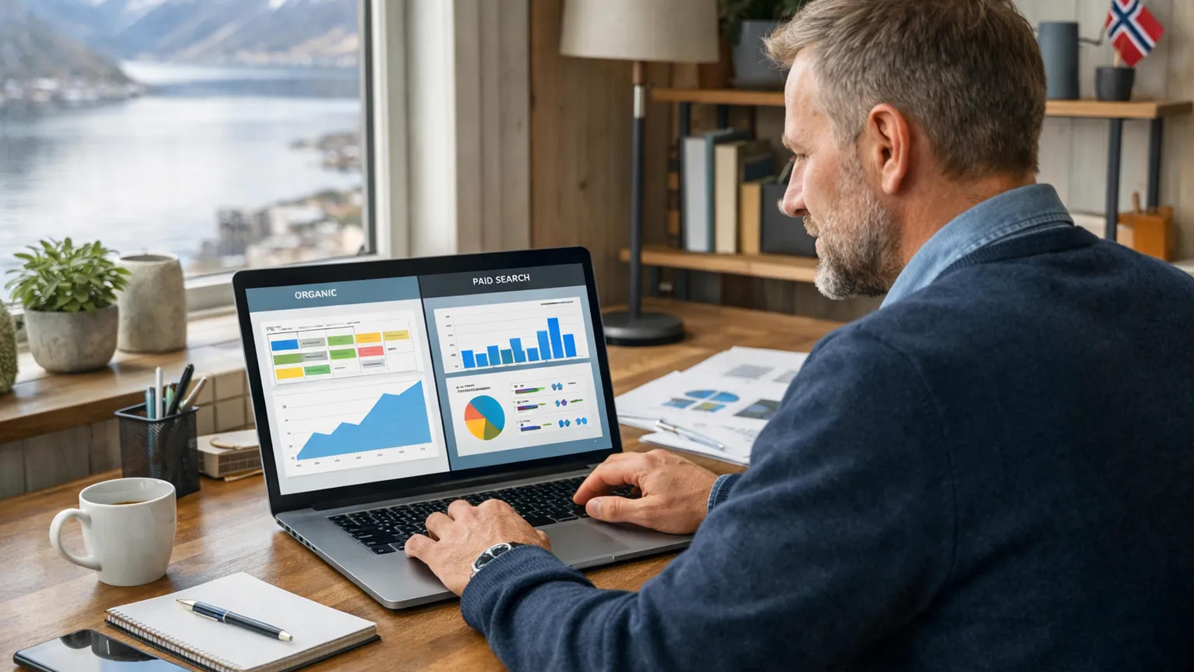 Bedriftseier vurderer SEO opp mot Google Ads ved et skrivebord.