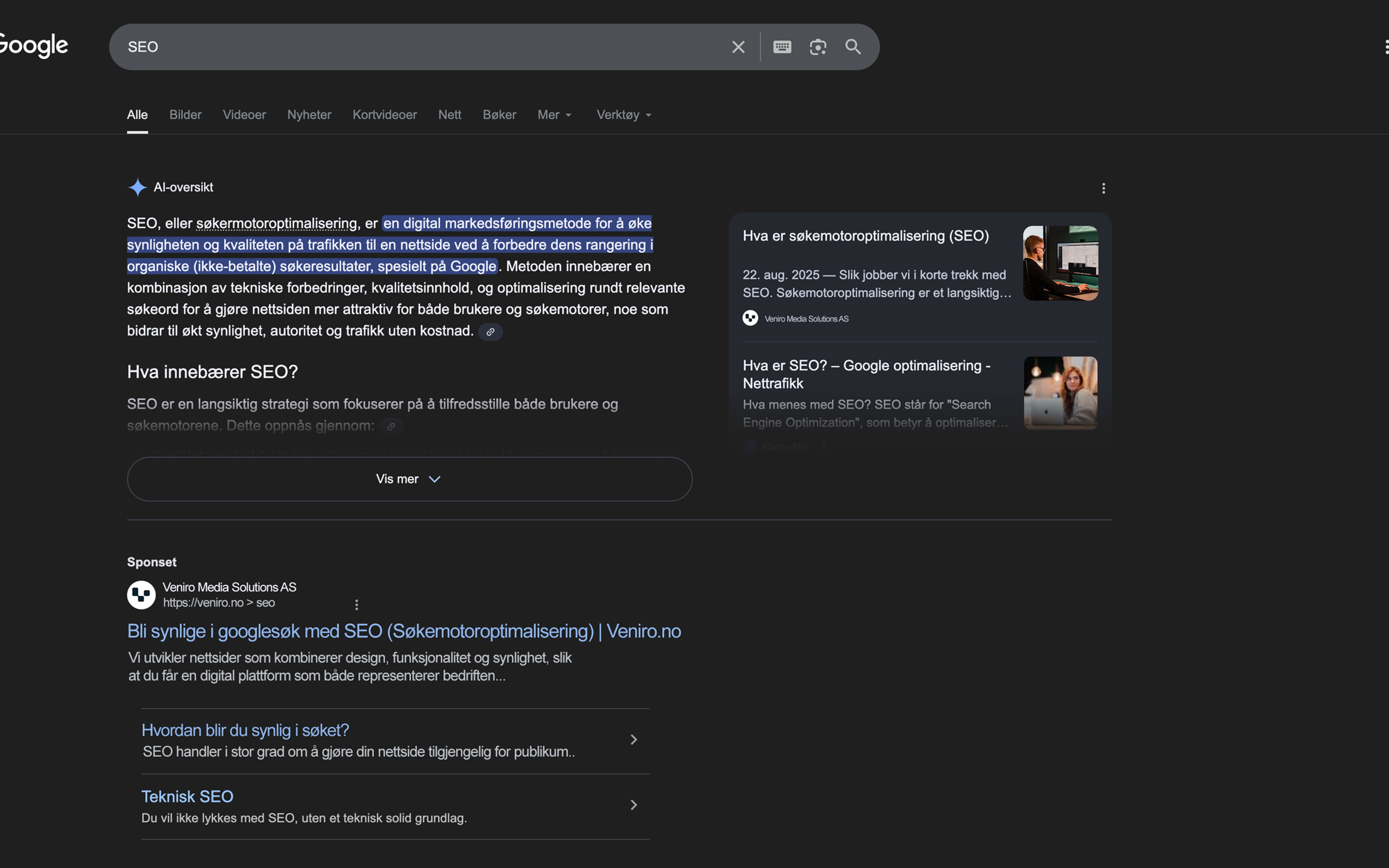 Google søkeresultat viser artikkel om SEO og søkemotoroptimalisering med anbefalinger for å bli synlig i Google