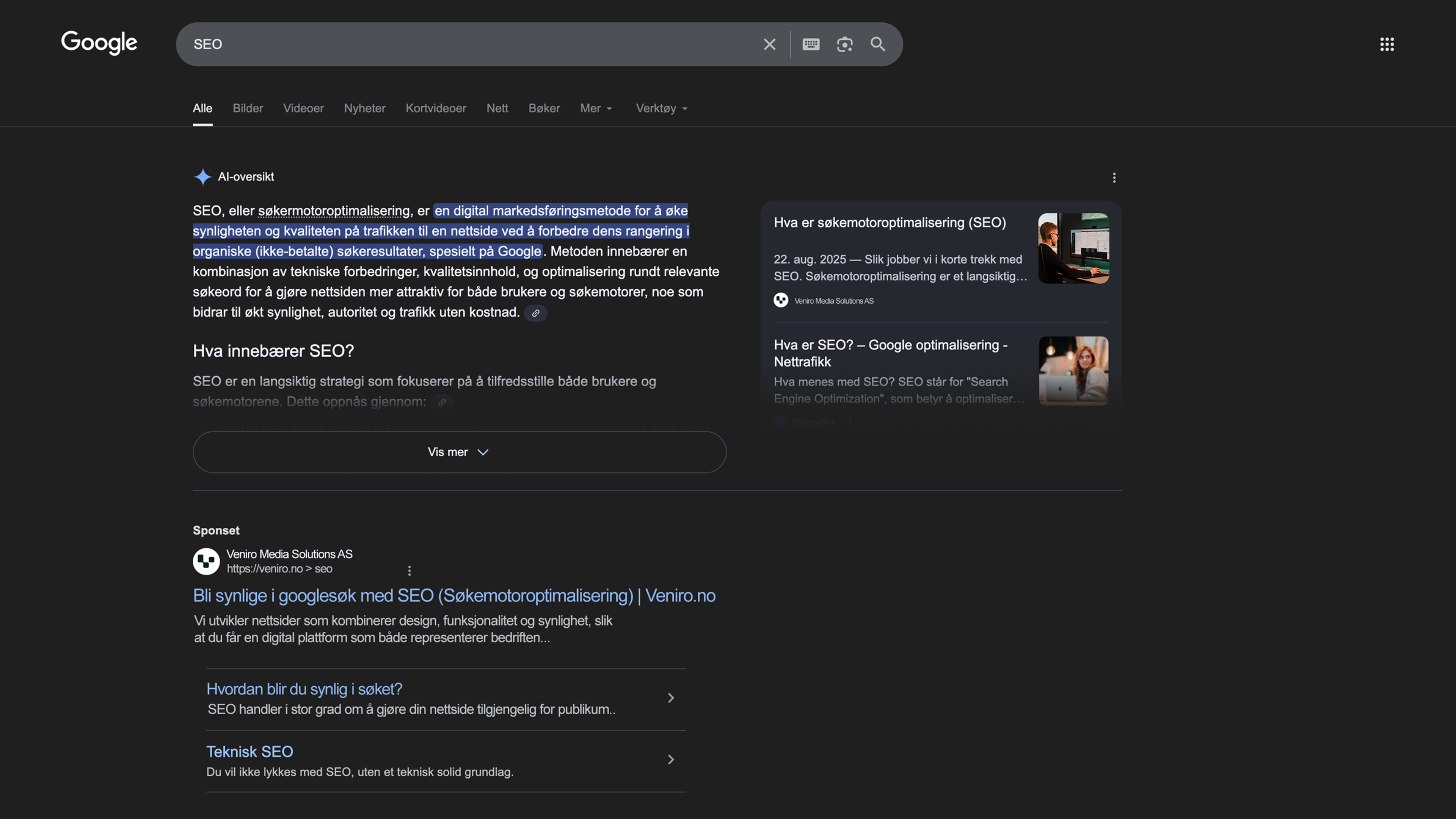 Google søkeresultat viser artikkel om SEO og søkemotoroptimalisering med anbefalinger for å bli synlig i Google