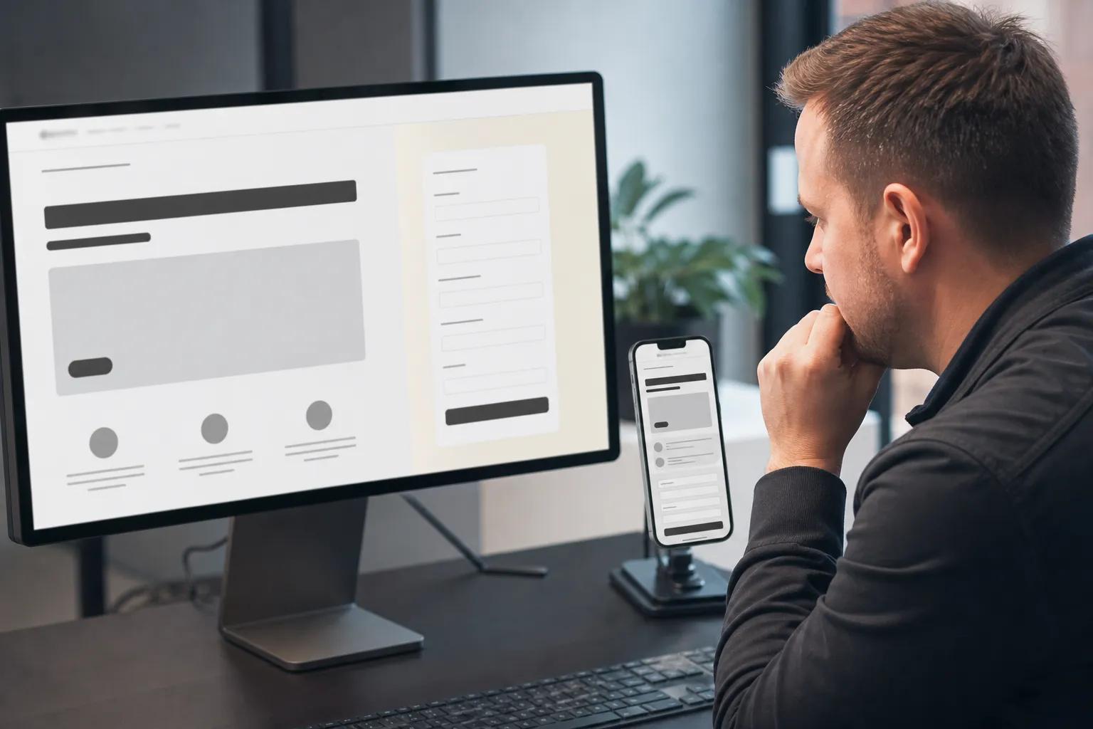 En landingsside vises på desktop og mobil under gjennomgang.