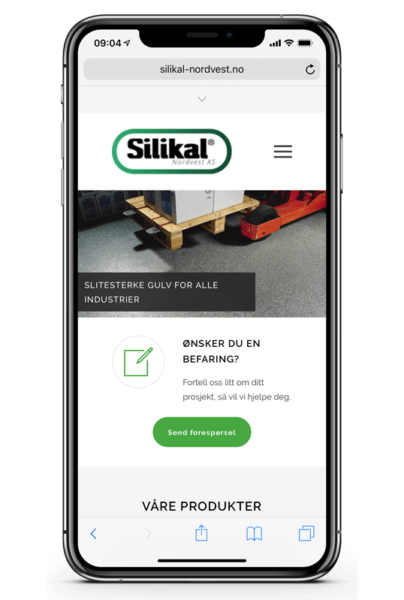 Silikal Nordvest nettside vist på iPhone med responsivt design
