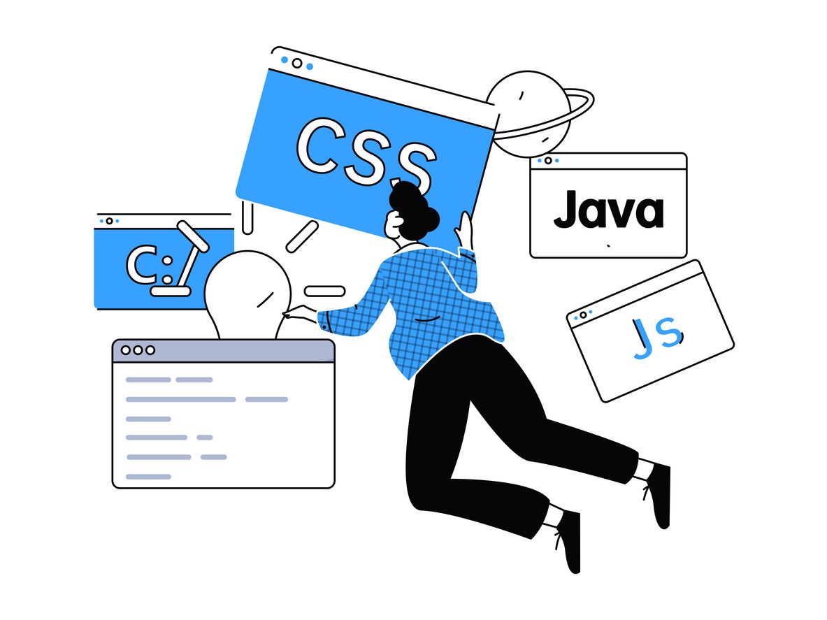 Illustrasjon av utvikler som arbeider med CSS, Java og JavaScript kode for nettsidens utvikling.
