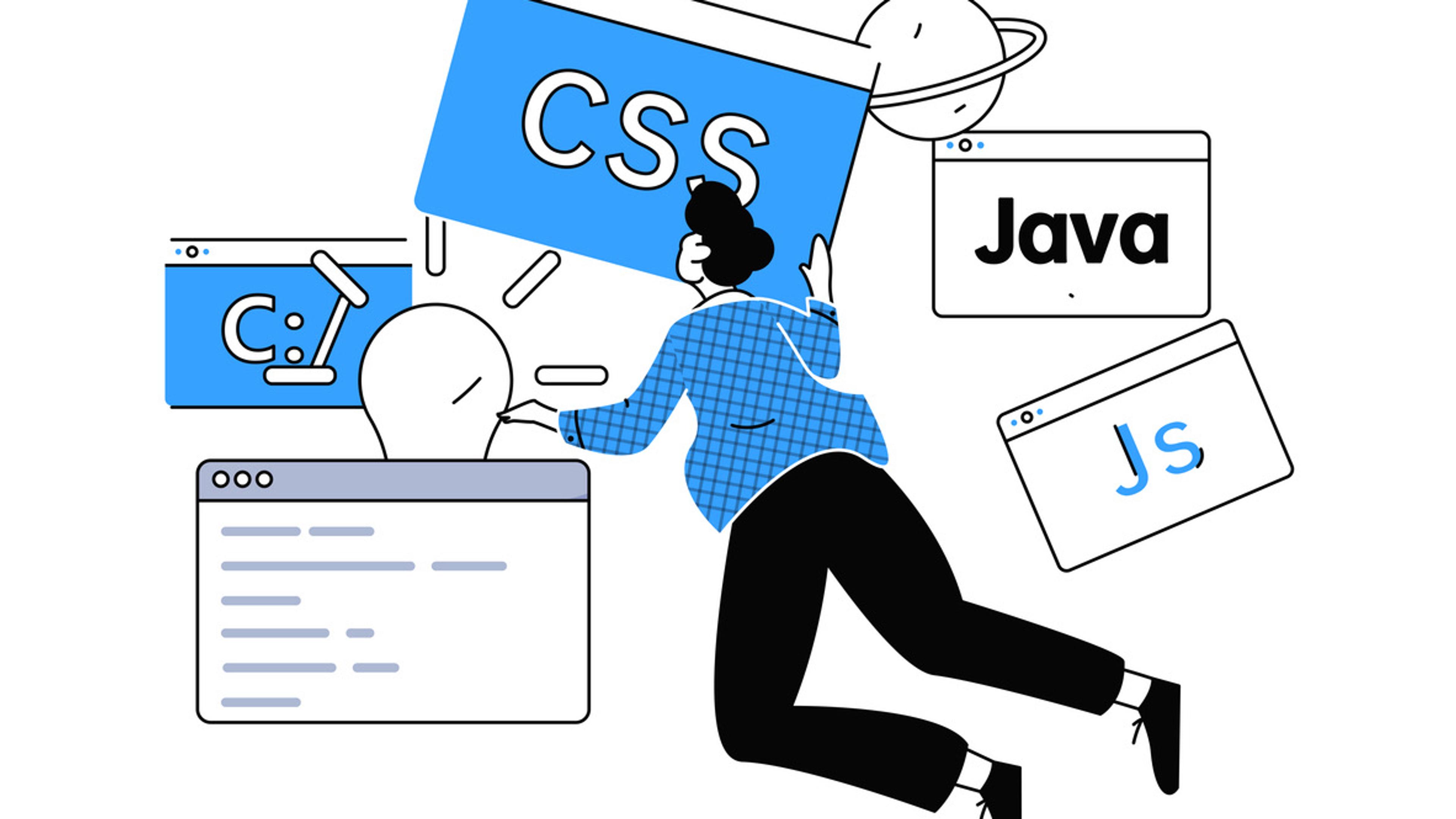 Illustrasjon av utvikler som arbeider med CSS, Java og JavaScript kode for nettsidens utvikling.