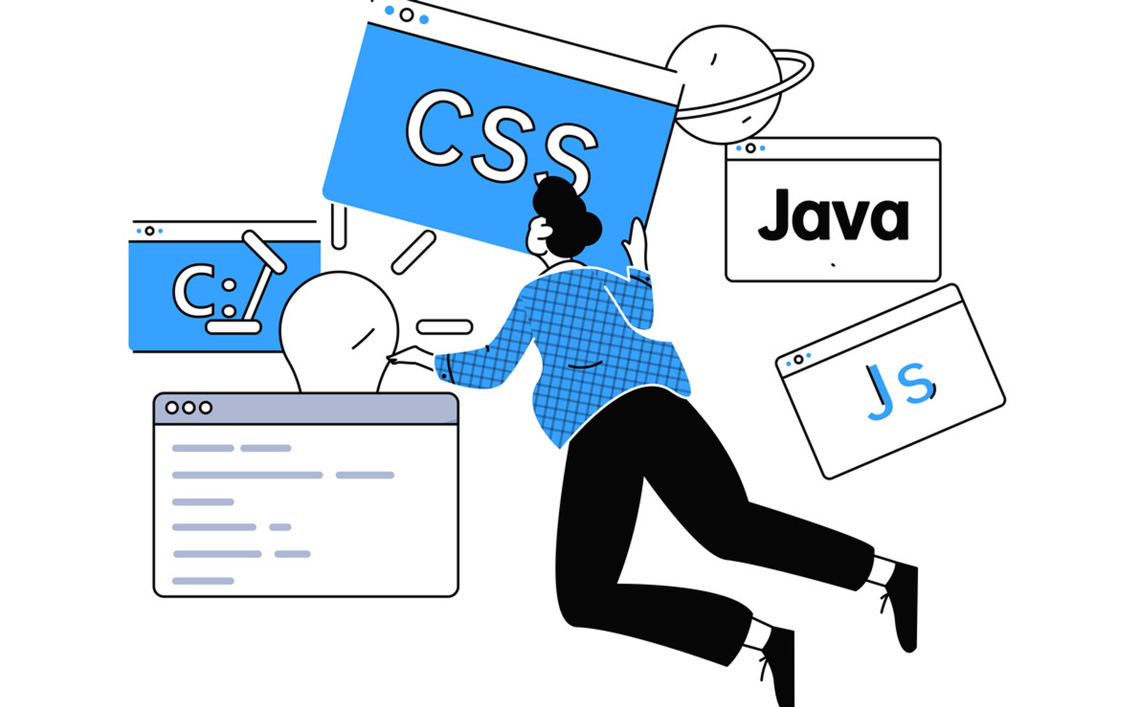 Illustrasjon av utvikler som arbeider med CSS, Java og JavaScript kode for nettsidens utvikling.