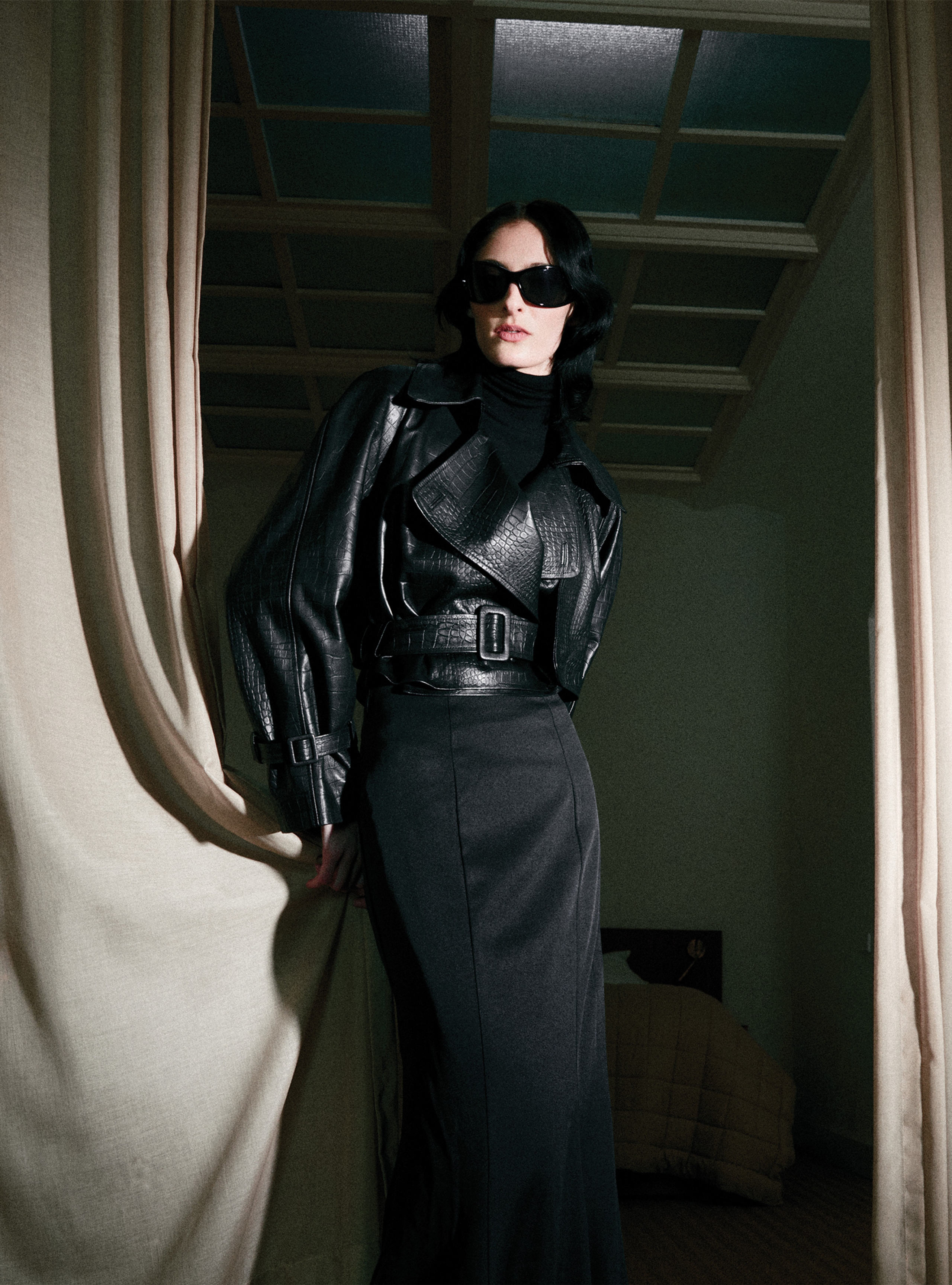 A model wearing the Hatti Croco Black leather jacket