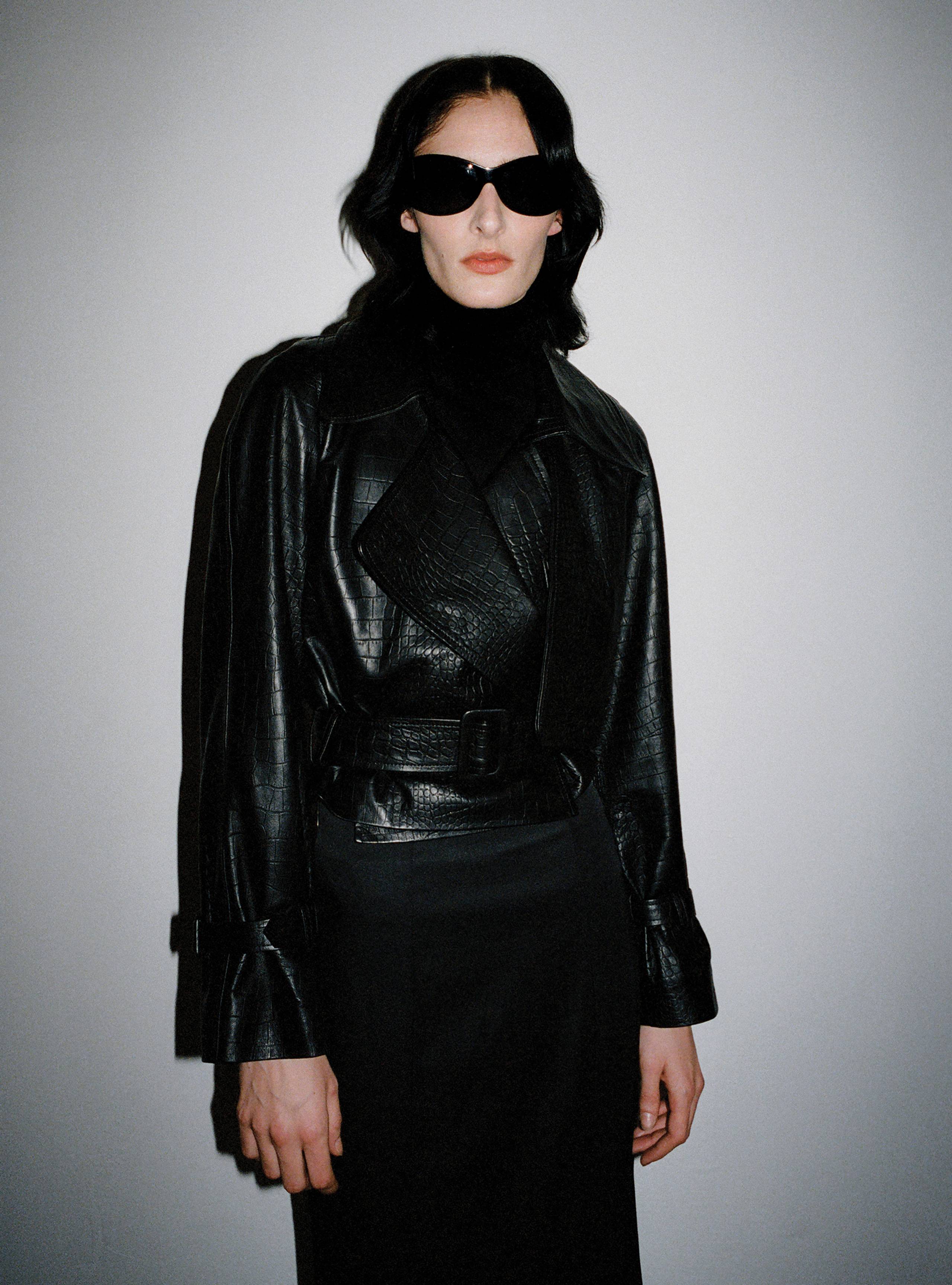 A model wearing the Hatti Croco Black leather jacket