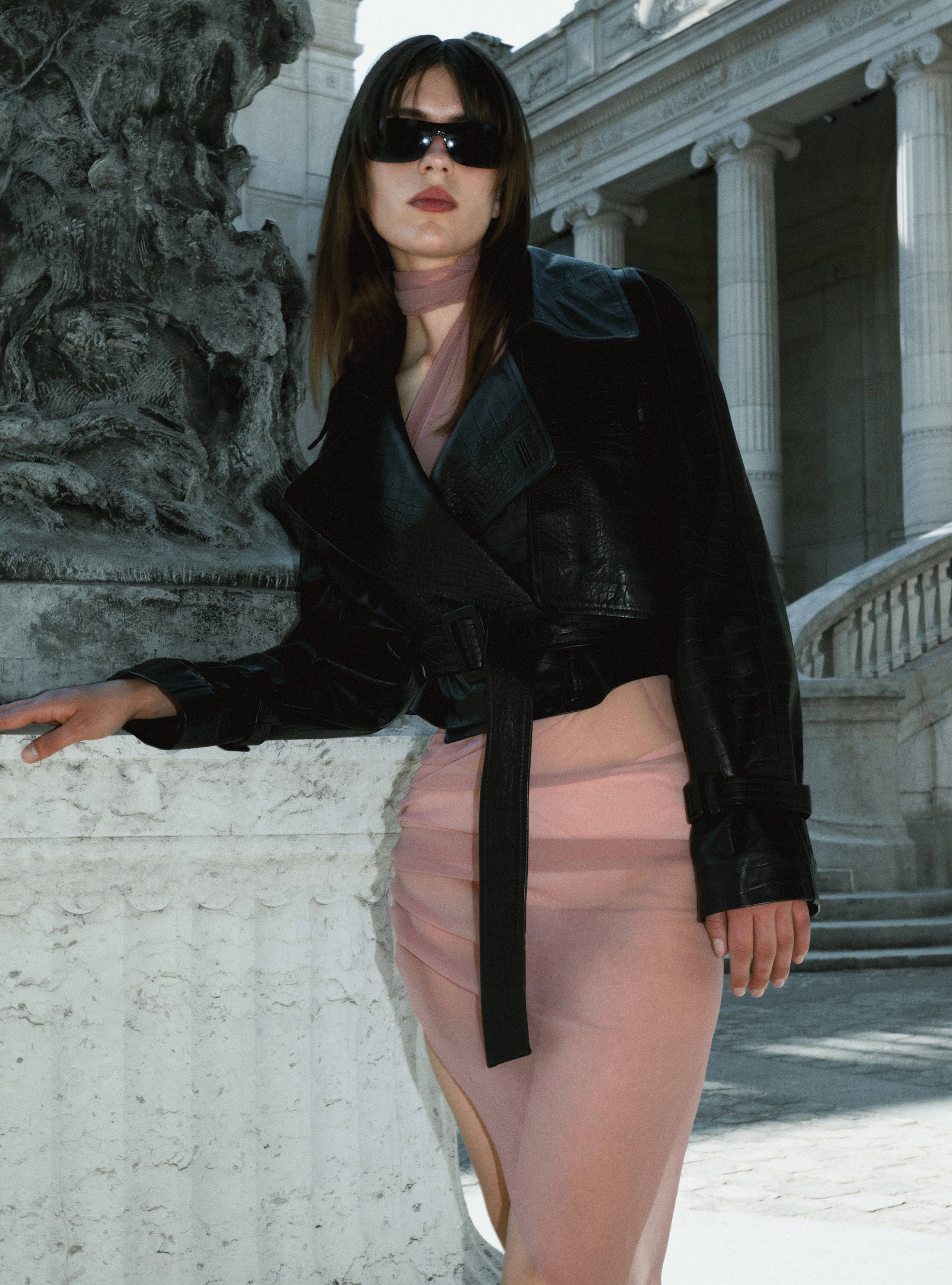 A model wearing the Hatti Croco Black leather jacket