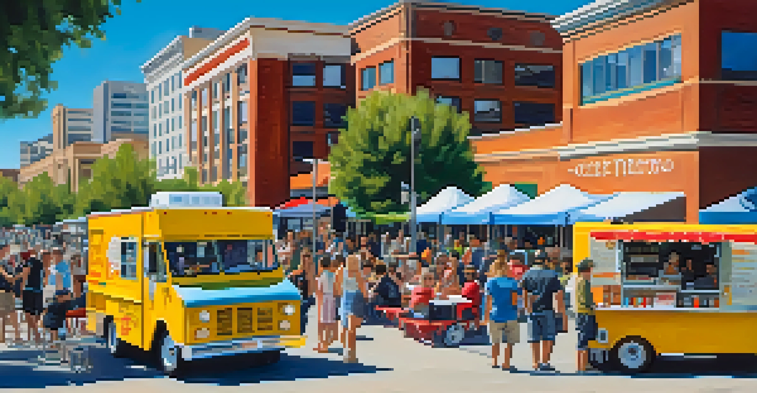 A vibrant gathering at a food truck festival with various food trucks, families enjoying meals, and children playing in a lively downtown setting.