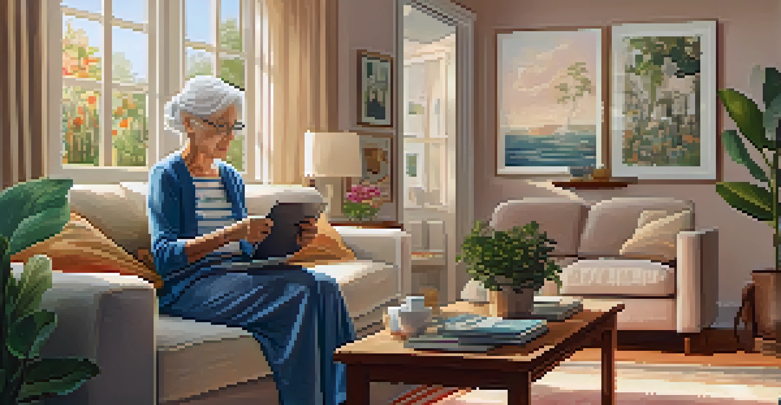 An elderly woman happily using a ride-sharing app in her cozy living room, preparing for her appointment.
