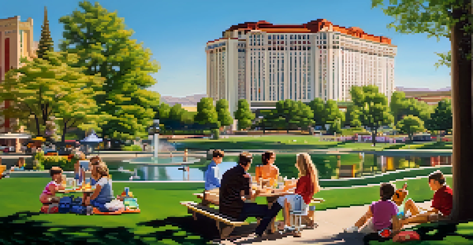 A peaceful park scene in Reno with families enjoying a picnic and casinos in the background under warm sunlight.