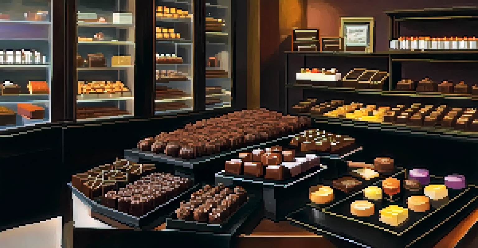 A display of artisanal chocolates and a chocolatier creating treats in a cozy chocolate shop.