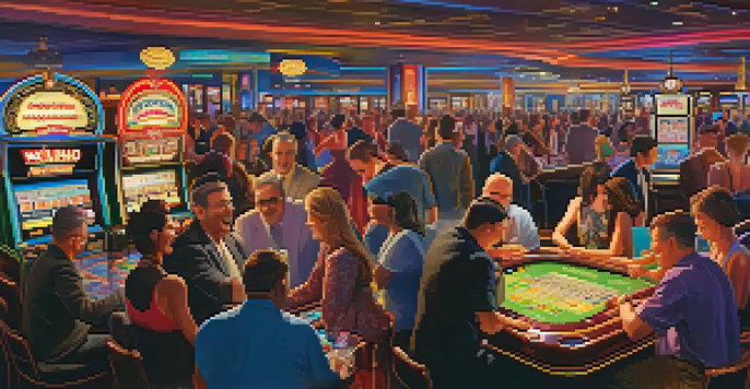 A lively casino floor in Reno filled with colorful slot machines and players enjoying table games.