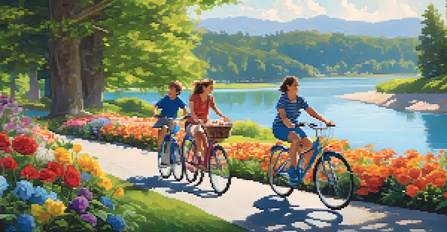 A family biking around Virginia Lake, with a picnic setup nearby and blooming flowers along the path.