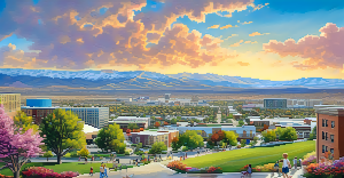 A scenic view of Reno's skyline with mountains and a park filled with families and colorful flowers.