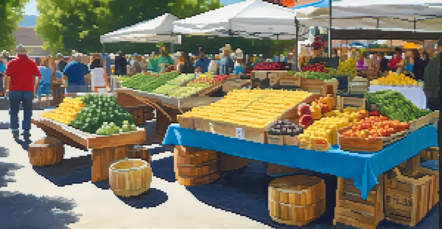 A bustling farmers' market with fresh produce and local farmers interacting with customers.