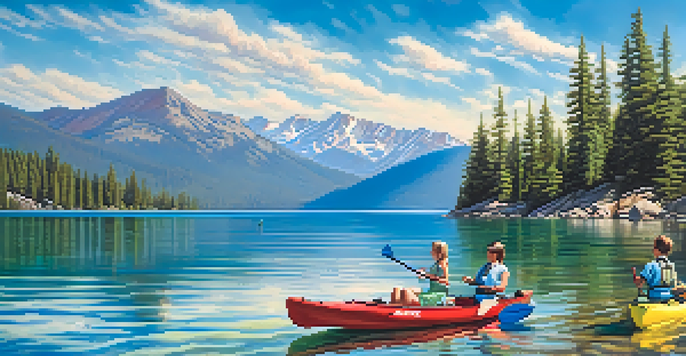 A summer day at Lake Tahoe with clear waters, green forests, and people kayaking and fishing under a bright blue sky.