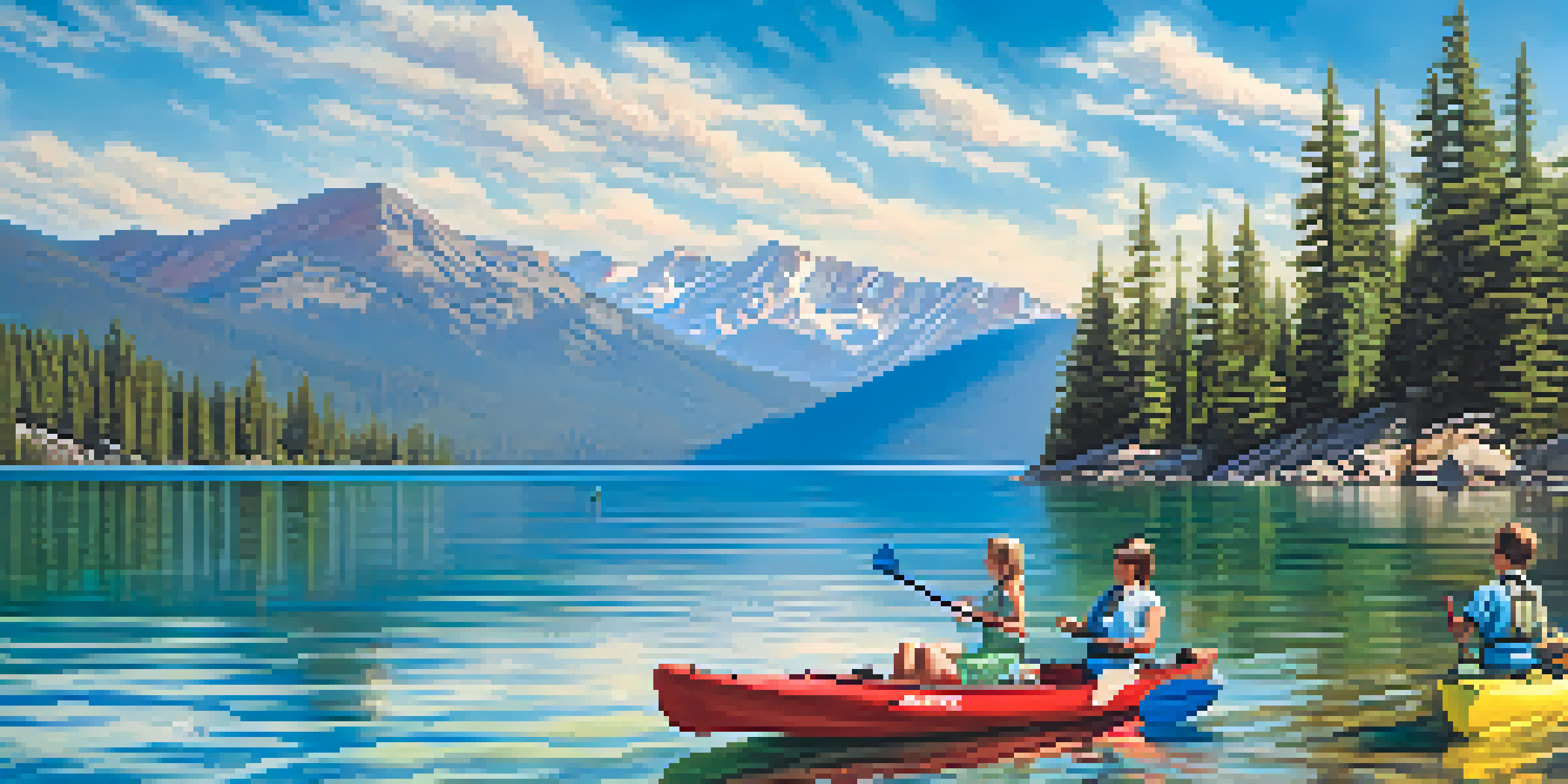 A summer day at Lake Tahoe with clear waters, green forests, and people kayaking and fishing under a bright blue sky.