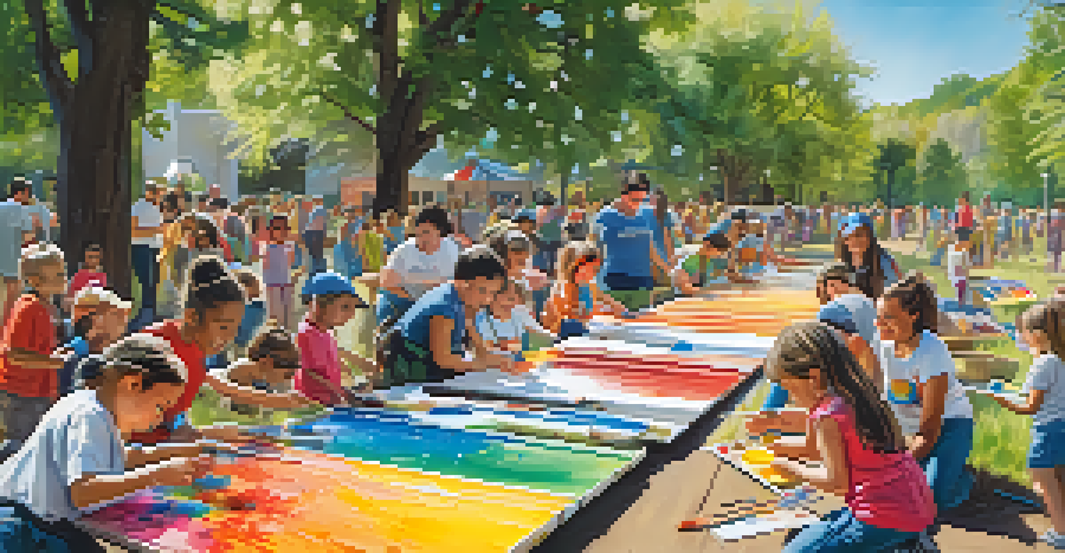 A lively outdoor art workshop with people of different ages painting on large canvases under a blue sky.