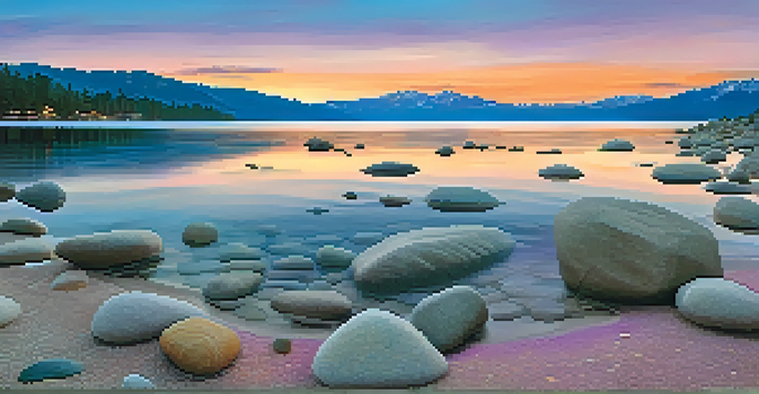 A beautiful sunset over Lake Tahoe, with colorful reflections on the water and trees in the foreground.
