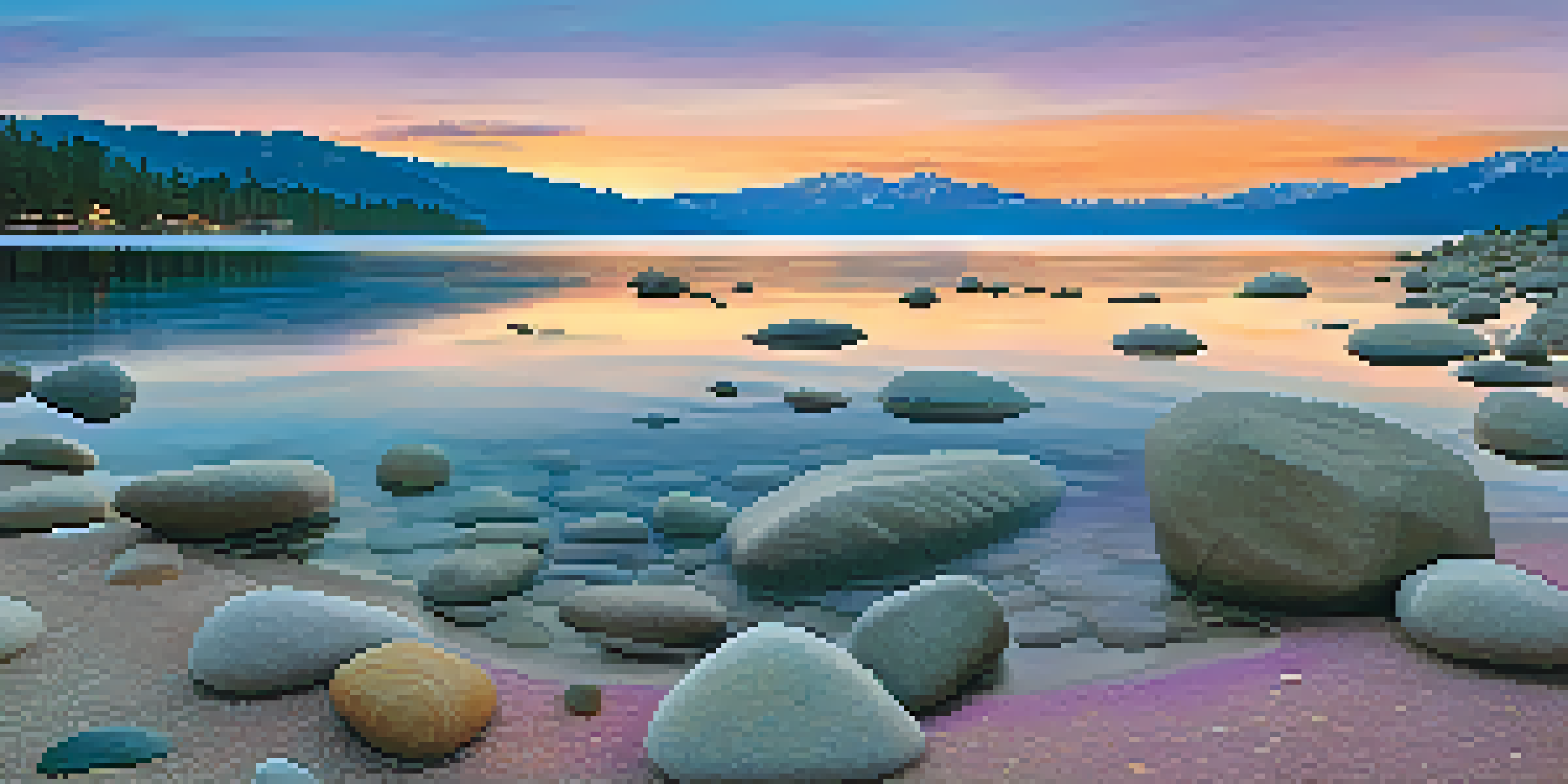 A beautiful sunset over Lake Tahoe, with colorful reflections on the water and trees in the foreground.
