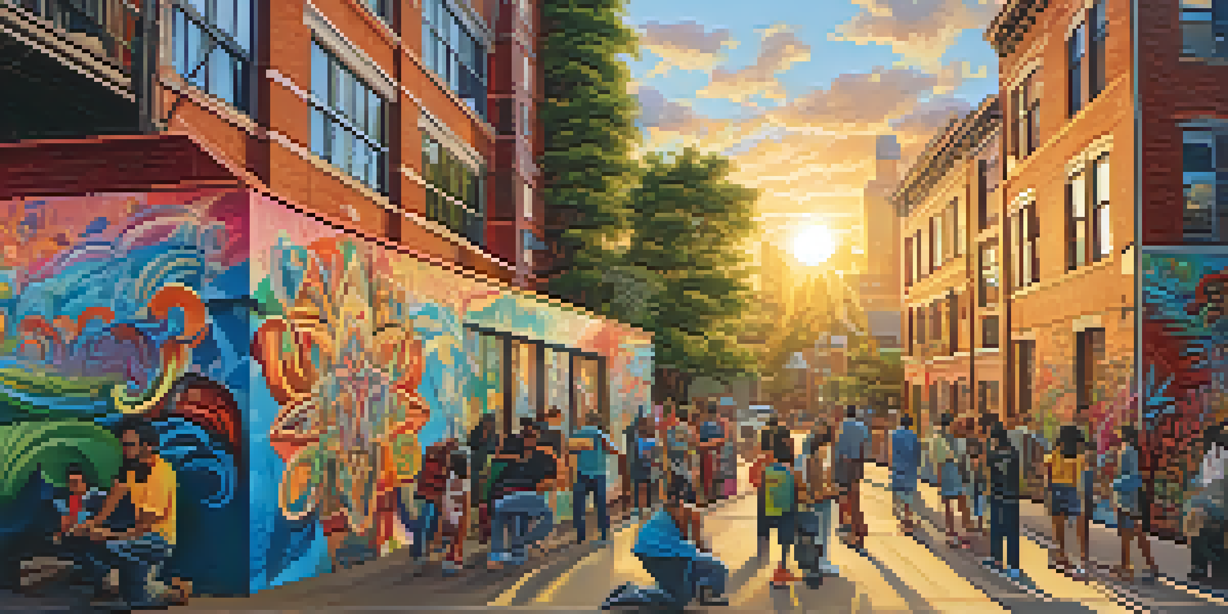 A group of artists collaboratively painting a colorful mural in an urban setting, with diverse cultural symbols and greenery around them.