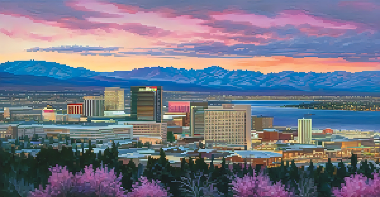 Panoramic view of Reno's skyline at sunset with casinos and mountains in the background.