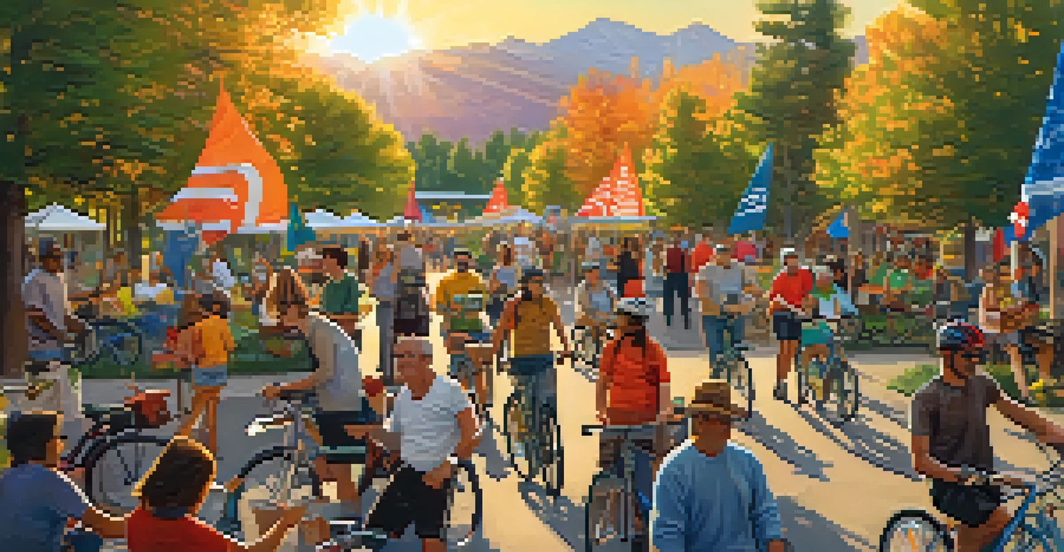 A community event in Reno with people celebrating 'Bike to Work Day' in a park, surrounded by bicycles and colorful banners.