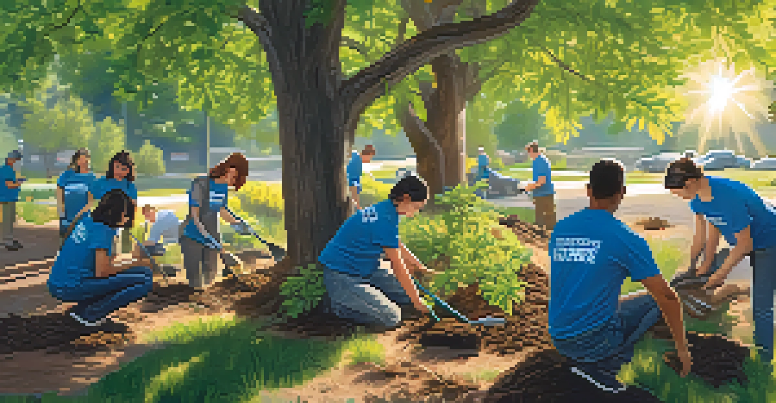 Volunteers planting trees in a community service project, showcasing teamwork and dedication in a sunny park setting.