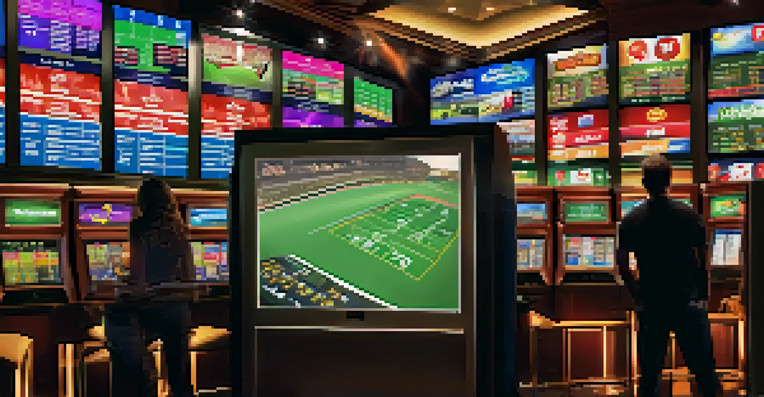 A close-up of a sports betting kiosk with fans placing bets and watching games.