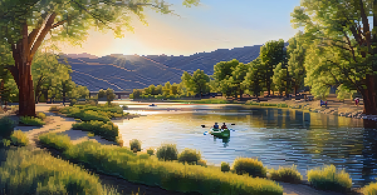The Truckee River flows through Reno with families picnicking and kayakers enjoying the water during sunset.