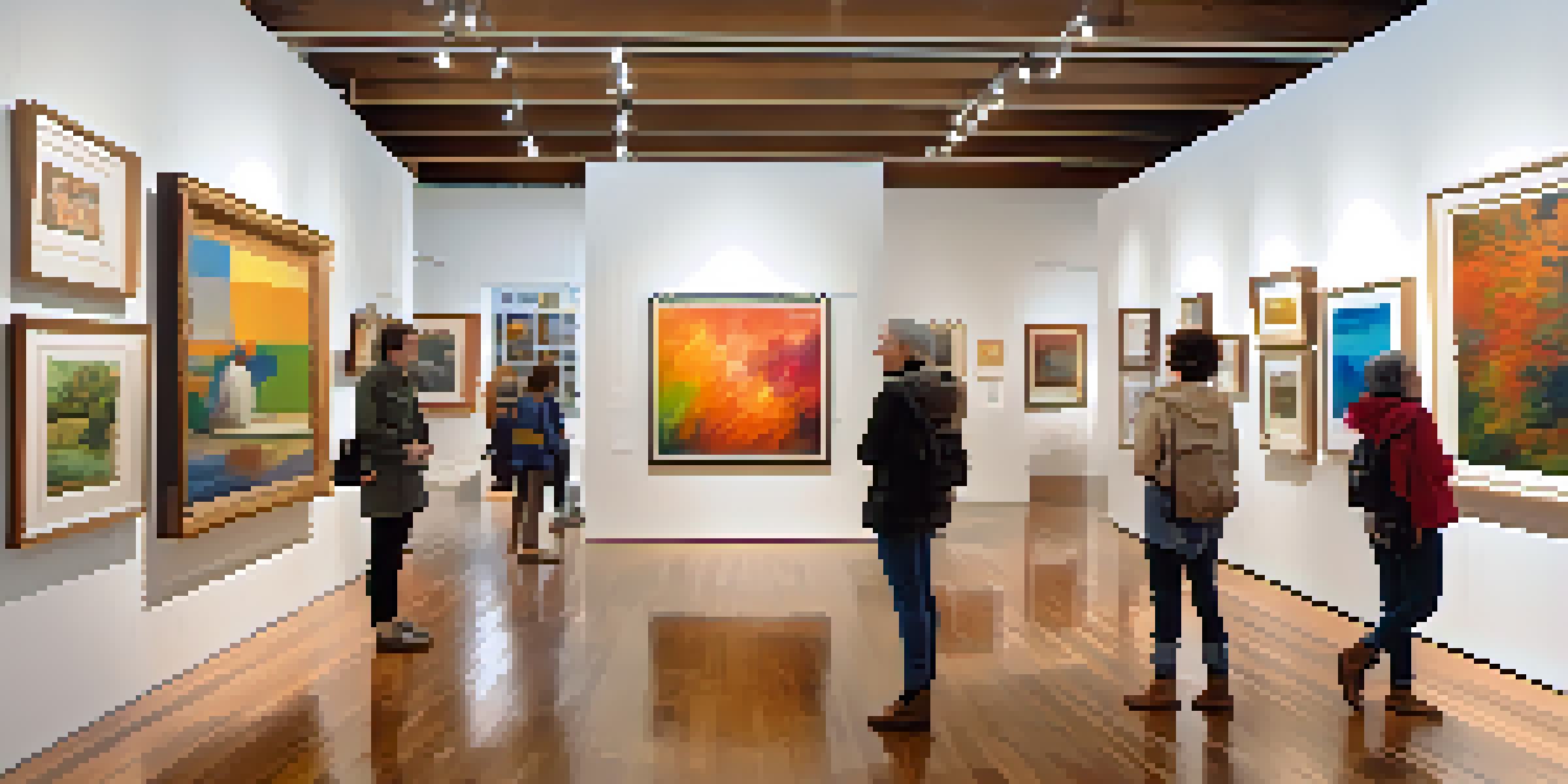 A bright and inviting art gallery with colorful paintings, natural light, and diverse visitors admiring the artworks.