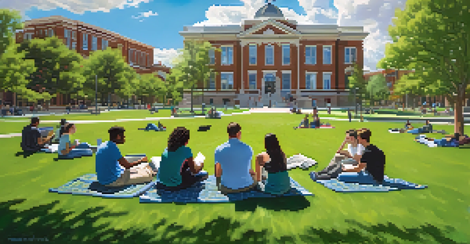 Students of various backgrounds studying together on a green lawn in front of university buildings under a blue sky.