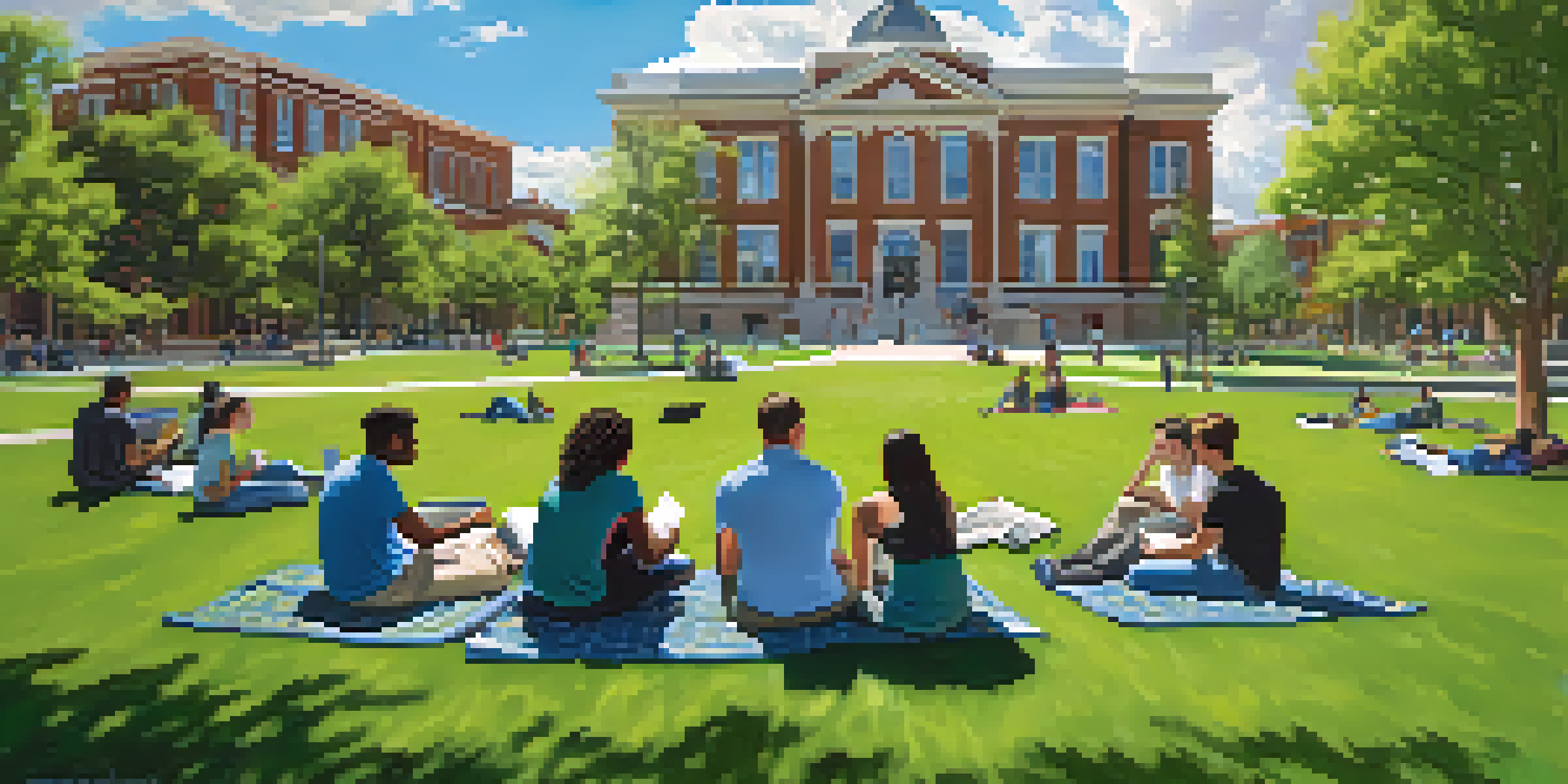 Students of various backgrounds studying together on a green lawn in front of university buildings under a blue sky.