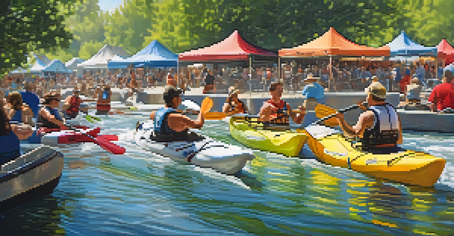 A bustling riverside festival with kayakers, colorful tents, and attendees enjoying music and artisan crafts by the water.